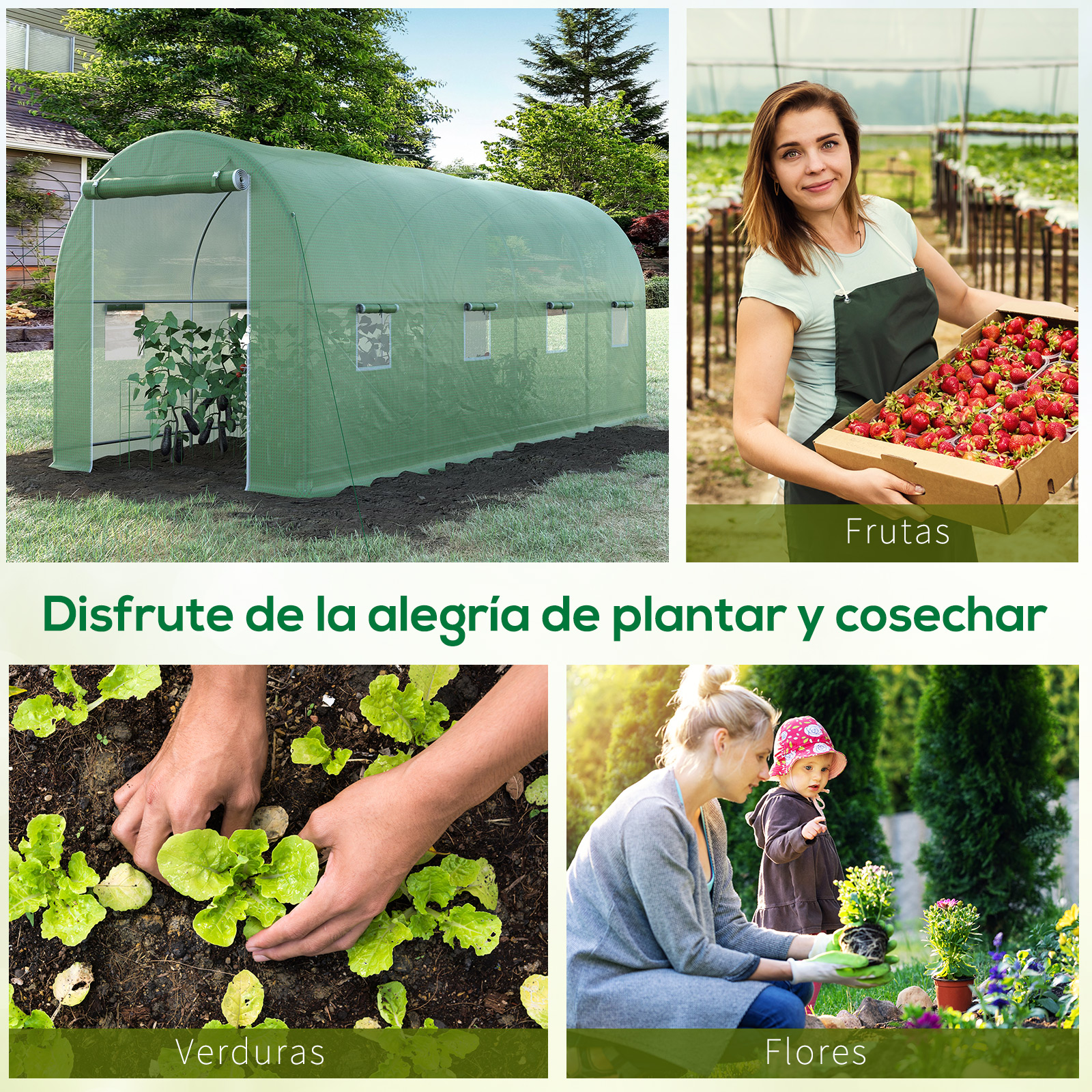 Invernadero verde, mujer con fresas, manos plantando lechuga, mujer con niño plantando flores.