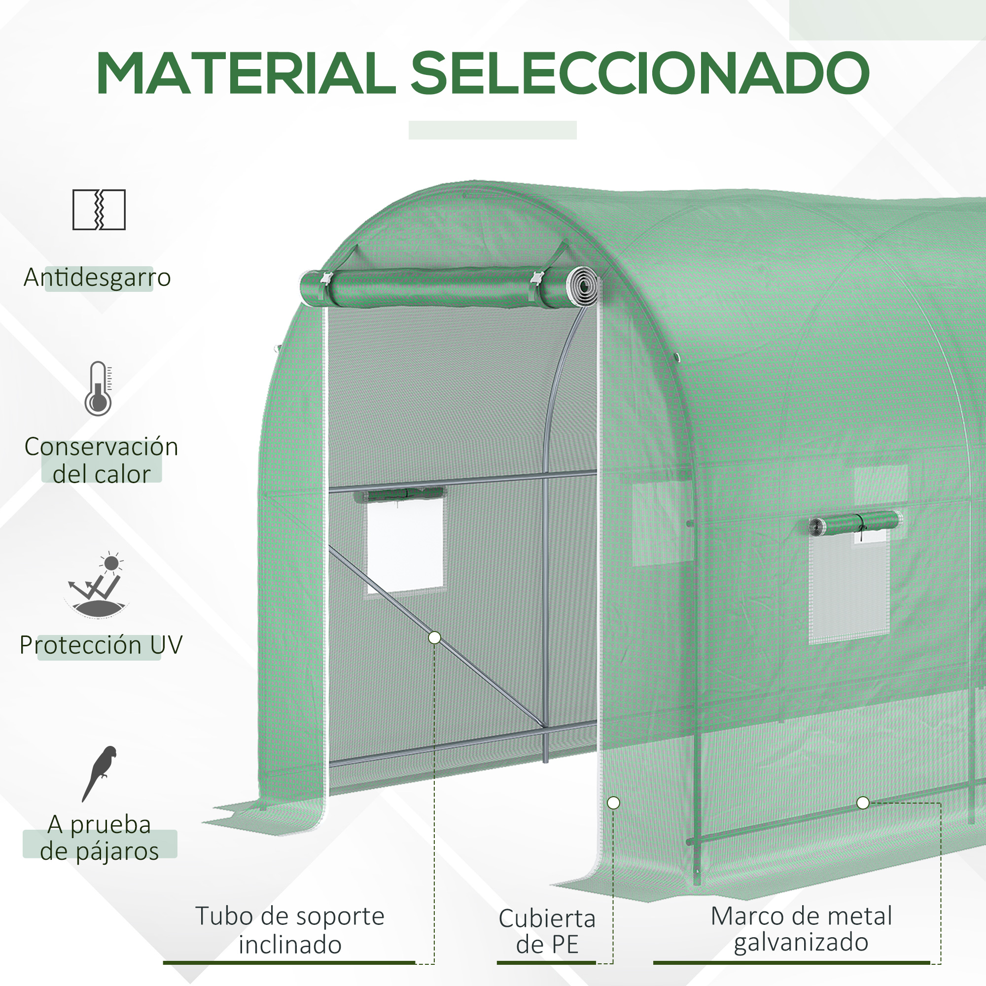 Invernadero verde con marco metálico y cubierta de PE, con etiquetas.