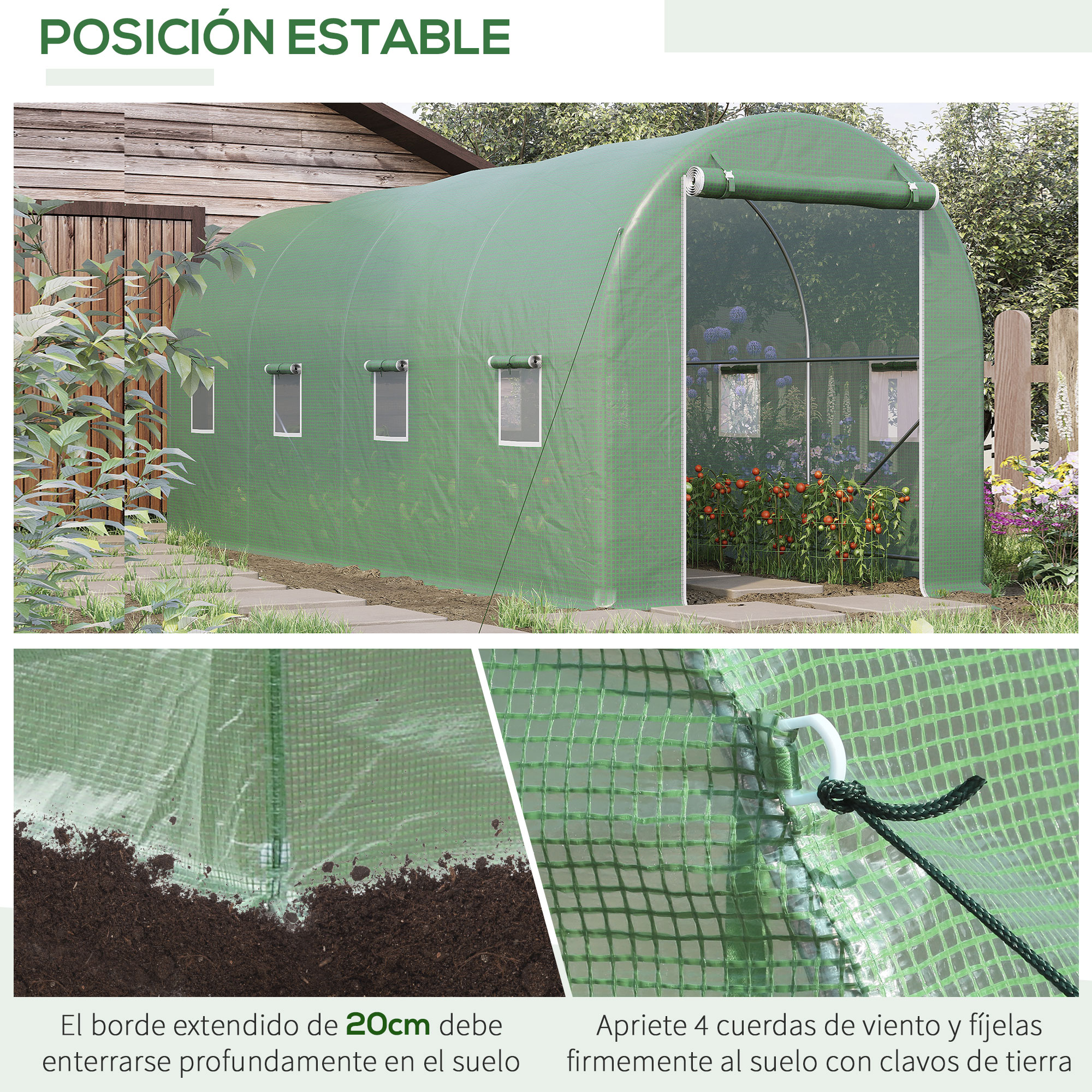 Invernadero verde con ventanas y plantas dentro. Se muestra anclaje al suelo.