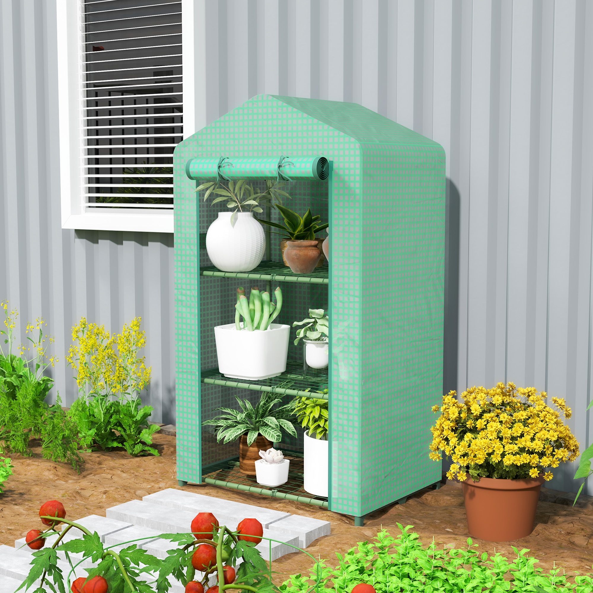 Un invernadero verde con plantas en estantes, junto a una ventana y flores amarillas.