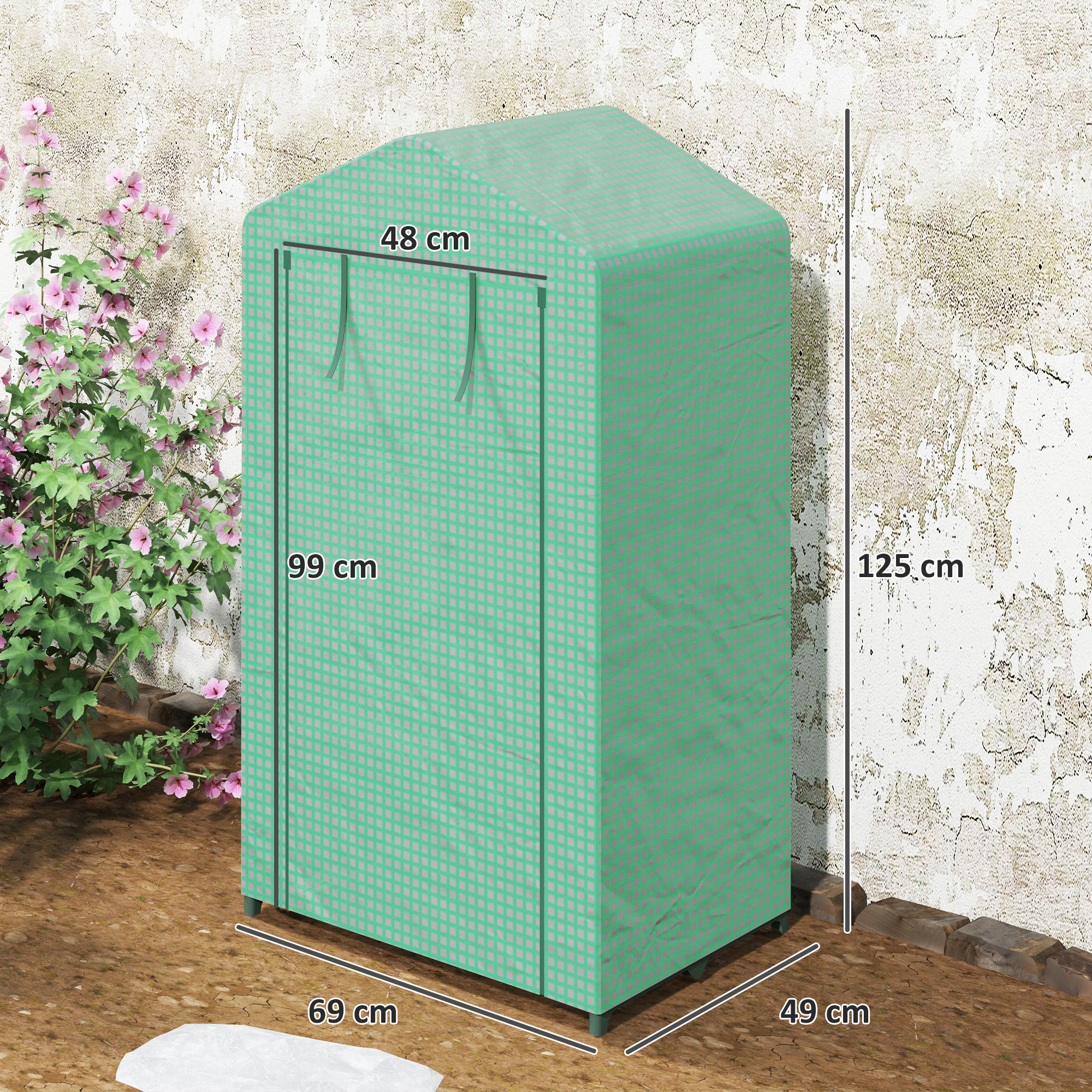 Un pequeño invernadero color turquesa con puertas y dimensiones.