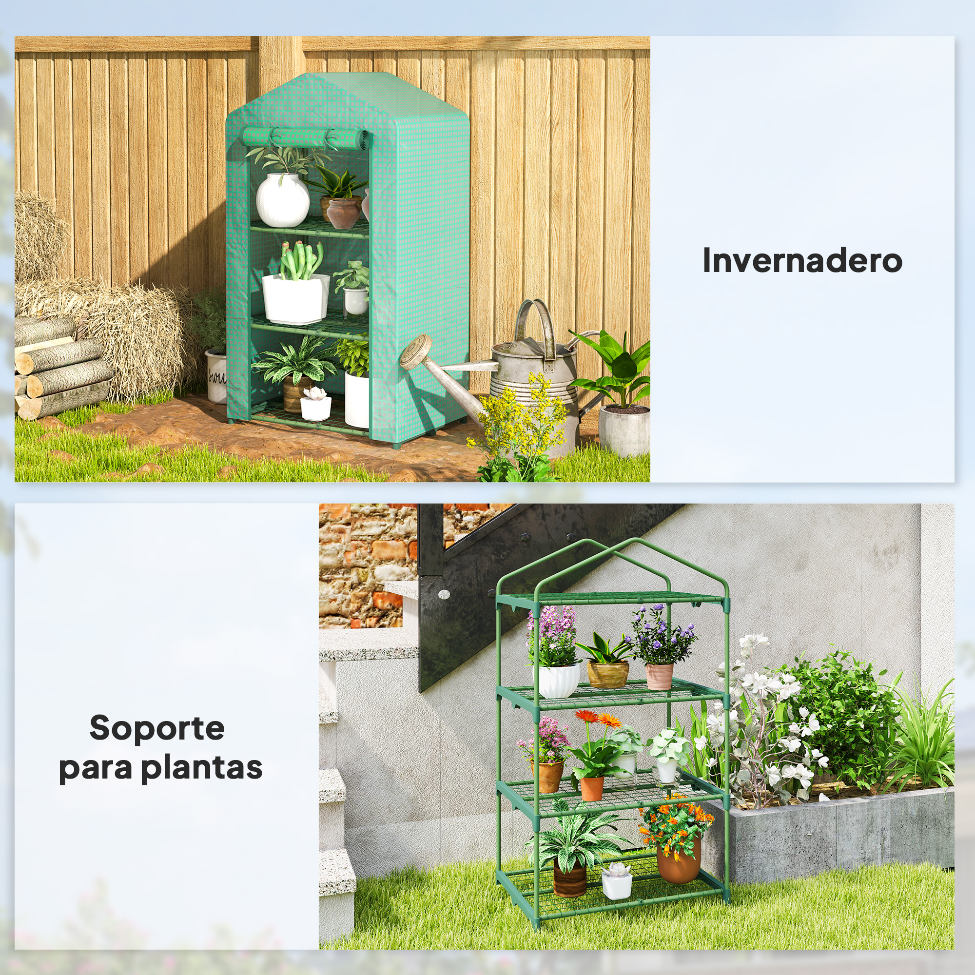 Un estante de invernadero verde con plantas, pila de leña y regadera.