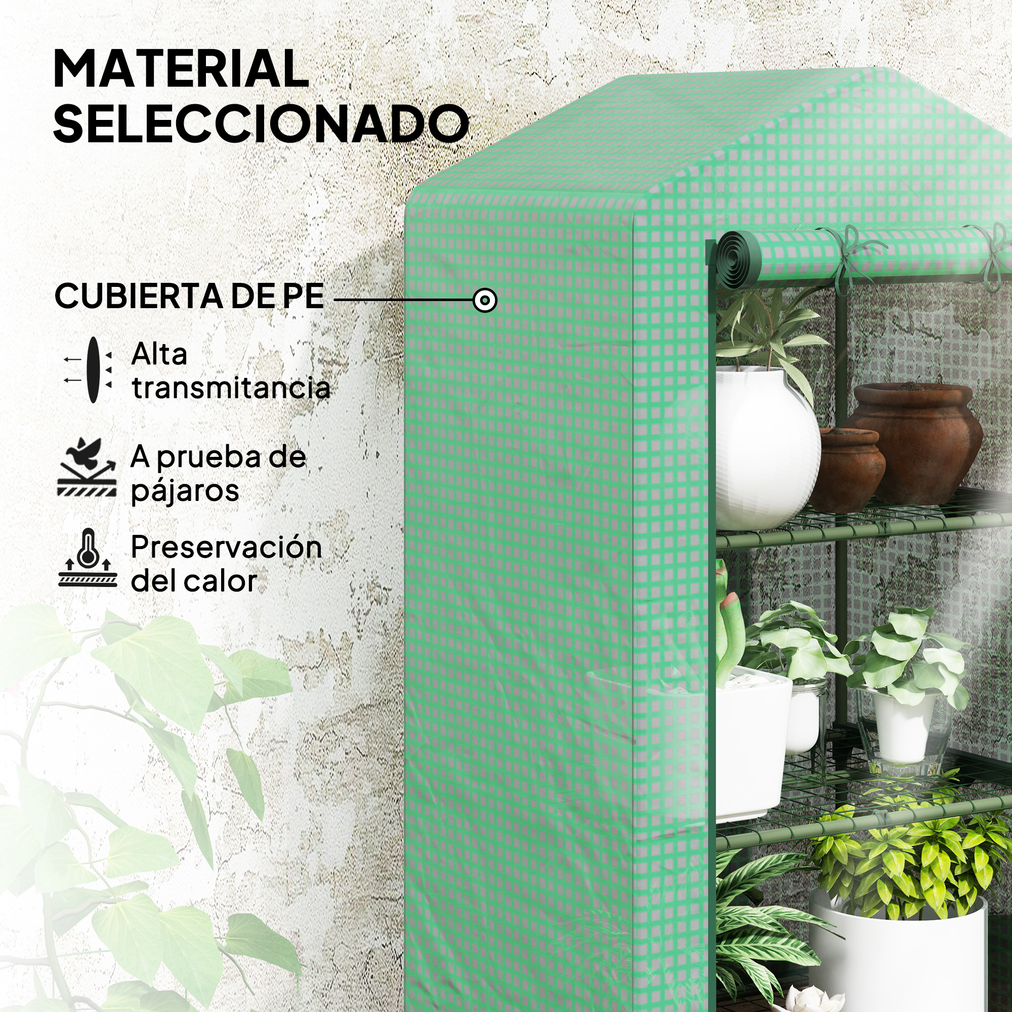 Un invernadero verde con estantes para plantas y macetas.