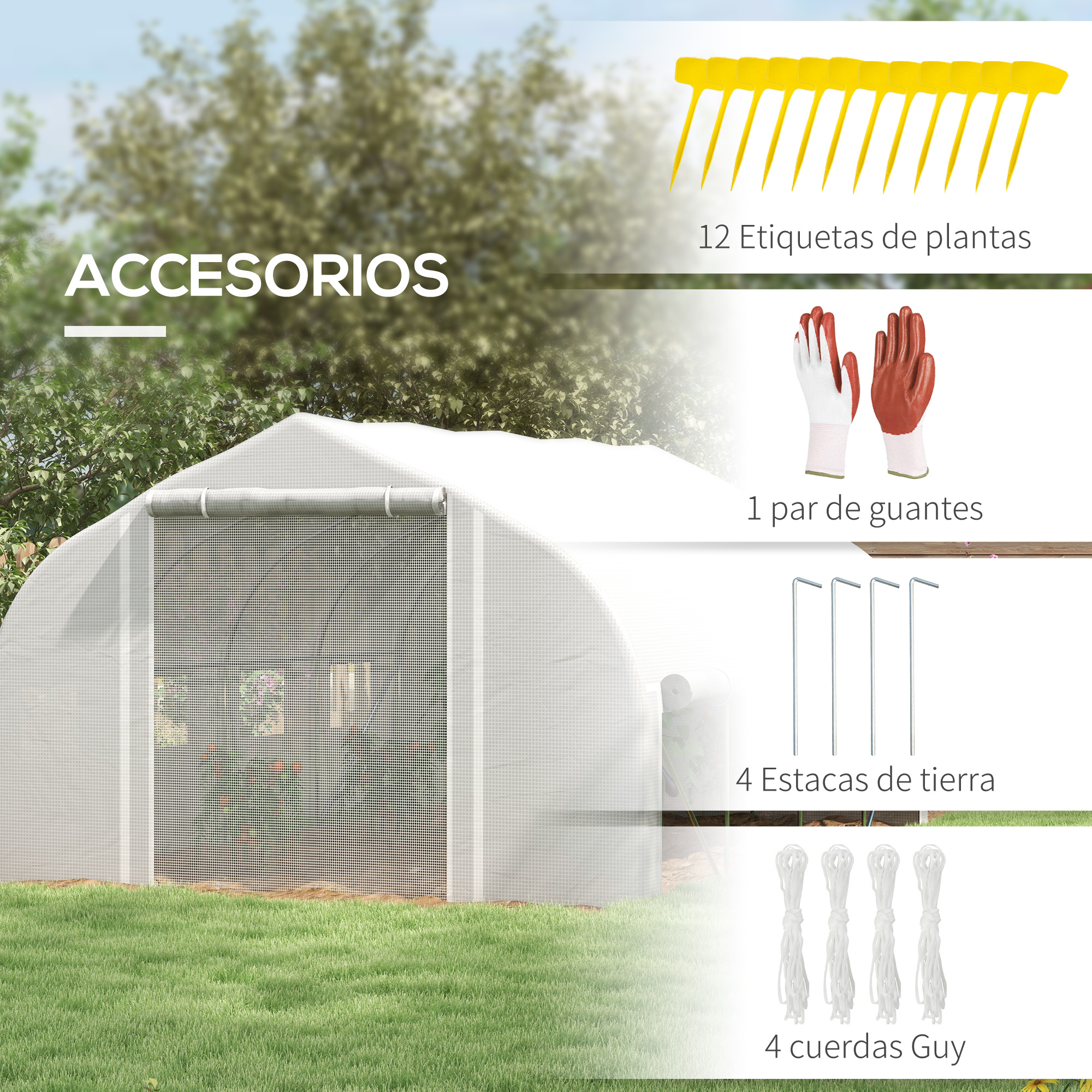 Accesorios de invernadero: etiquetas, guantes, estacas y cuerdas.
