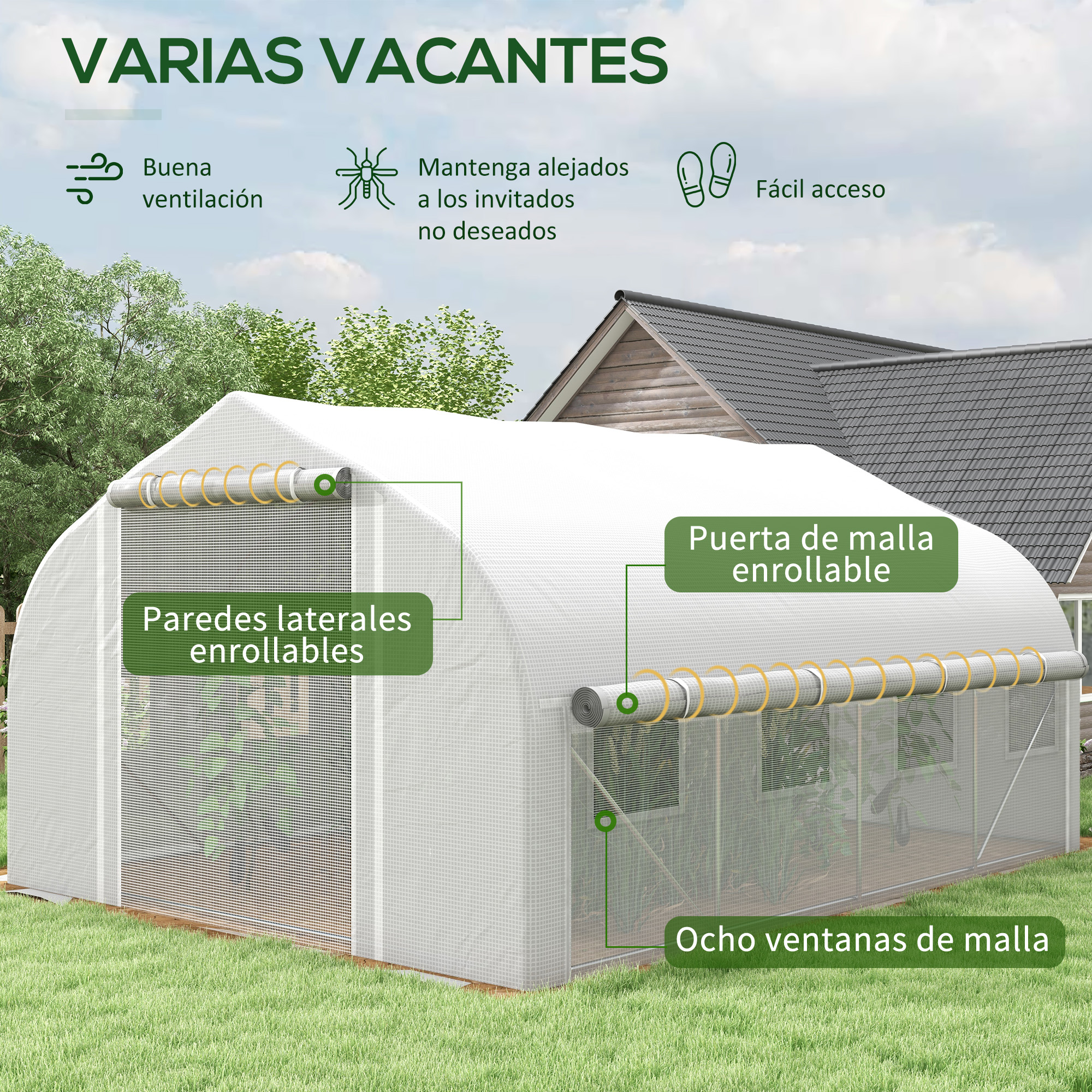 Invernadero con paredes enrollables y ventanas de malla.