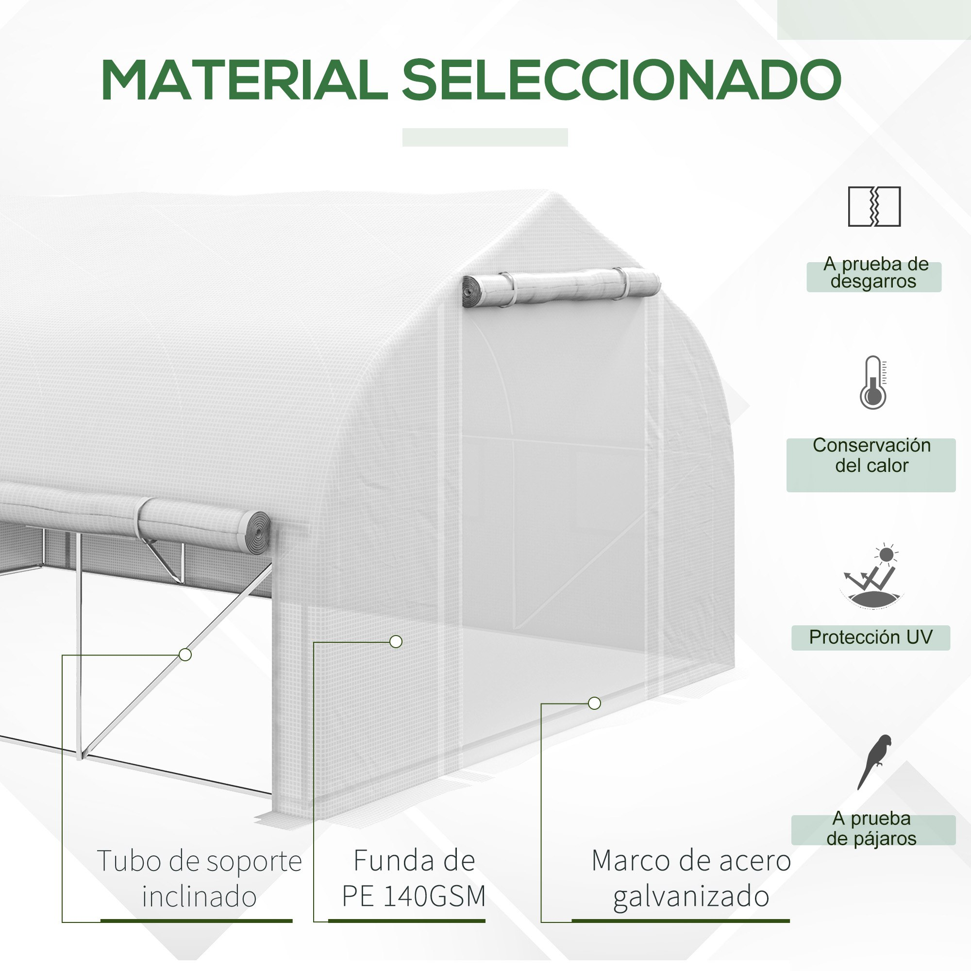 Un invernadero con marco de acero y cubierta de PE, resistente a desgarros y UV.