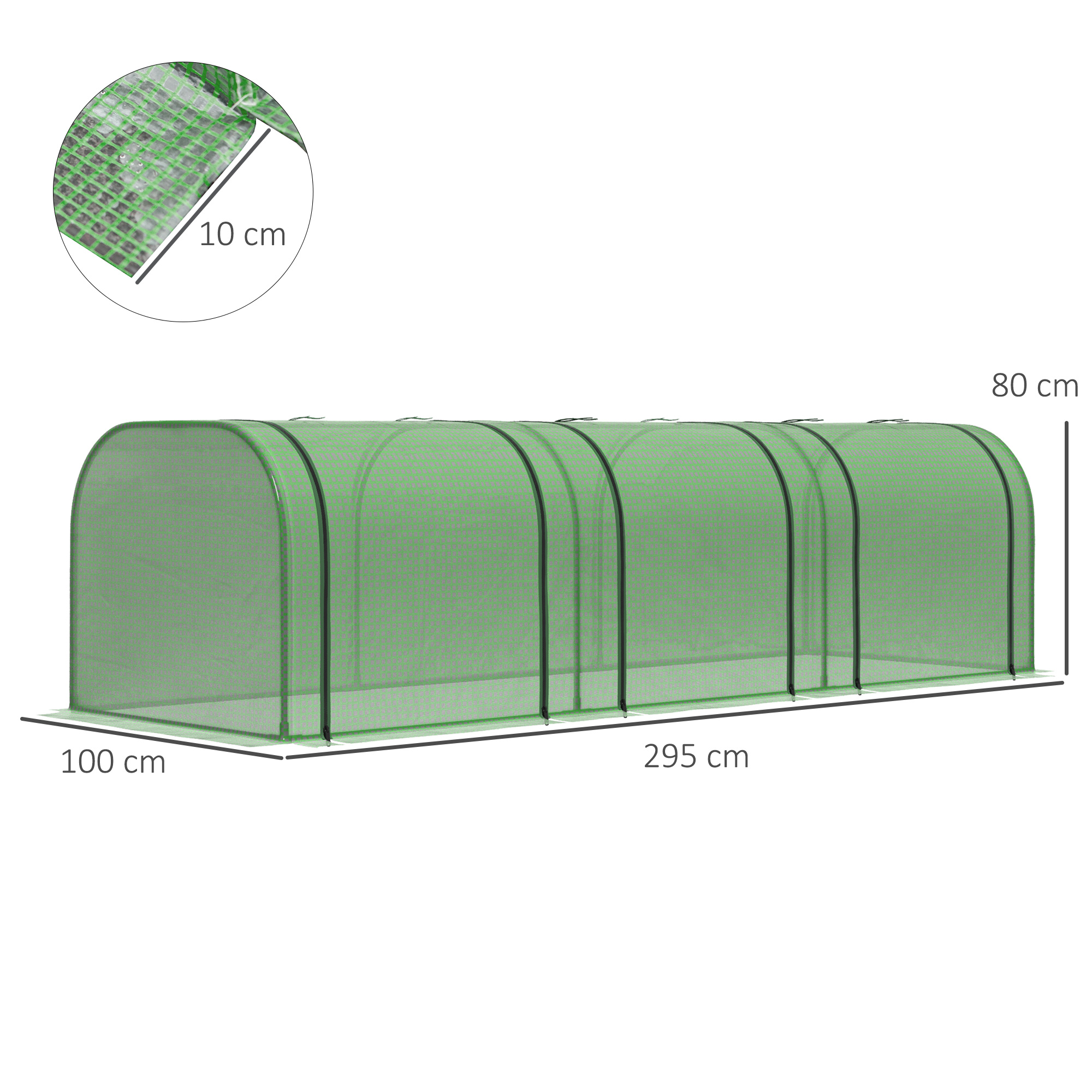 Invernadero verde de 295x100x80 cm con refuerzo de tela de 10 cm.