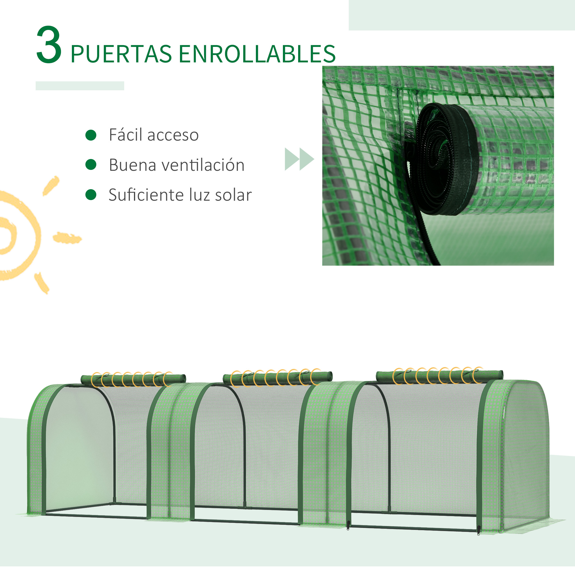 Invernadero verde con tres puertas enrollables y soportes amarillos.