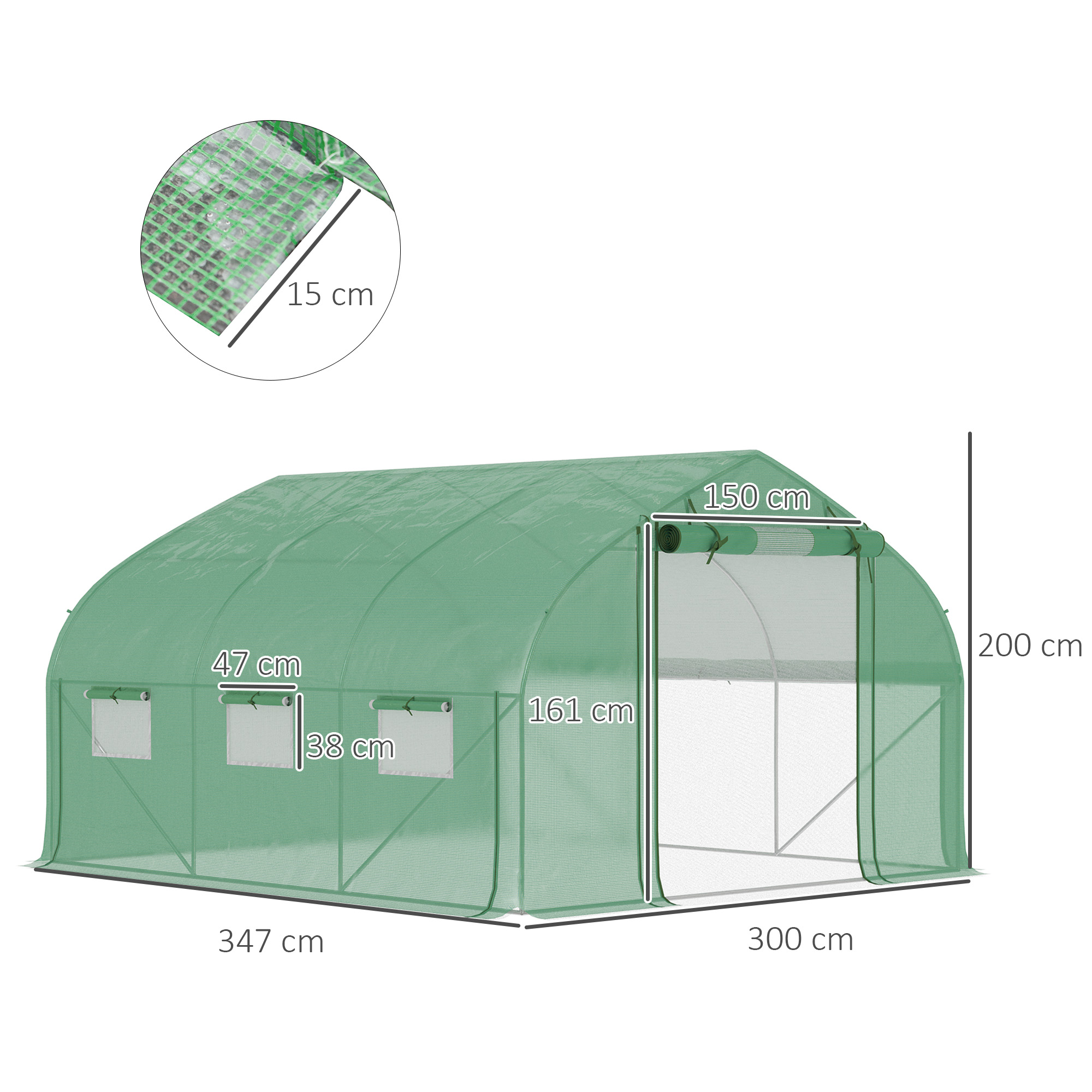 Invernadero verde con dimensiones y ventanas.