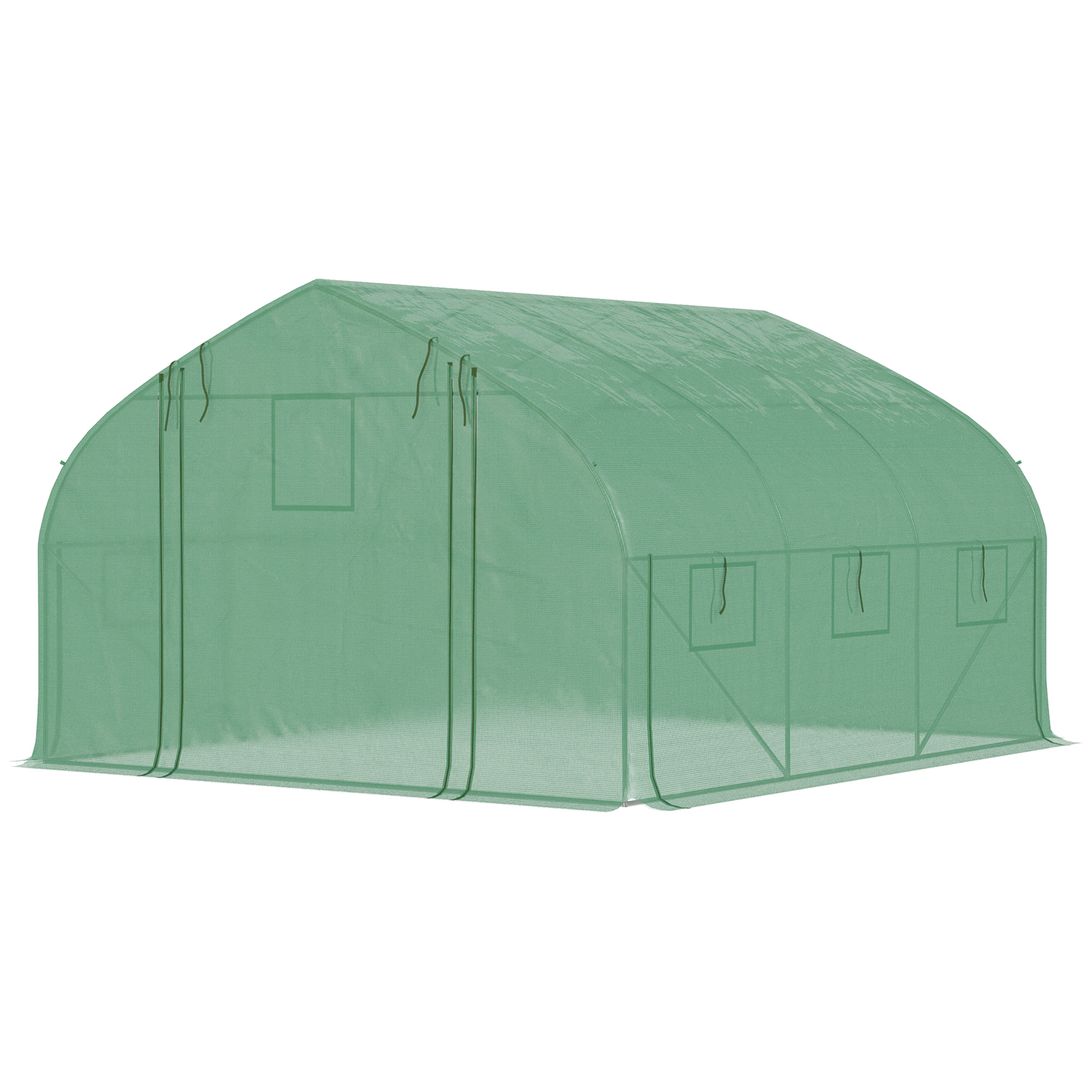 Un invernadero verde con marco de metal y ventanas.