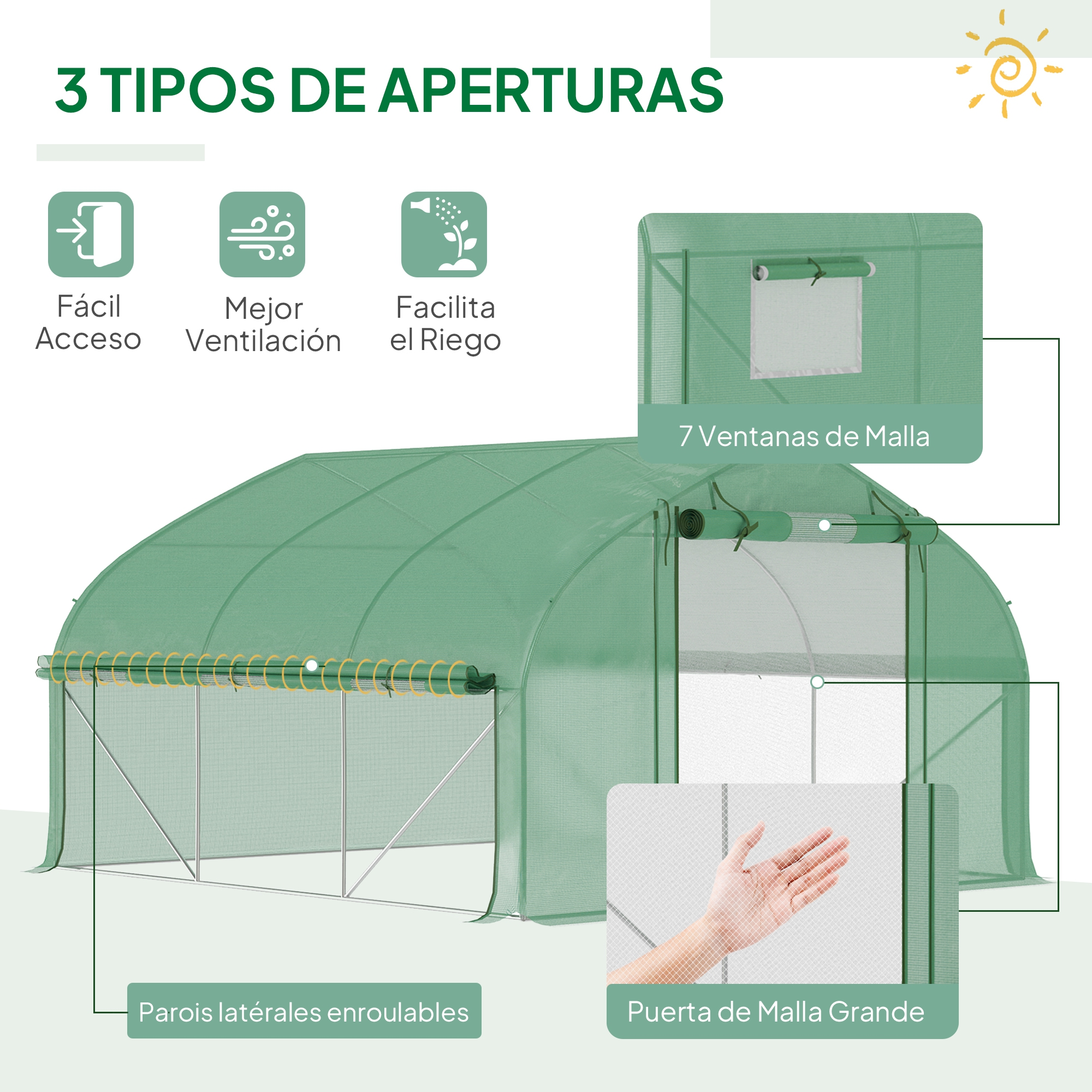 Invernadero verde con ventanas enrollables, ventanas de malla y puerta grande.