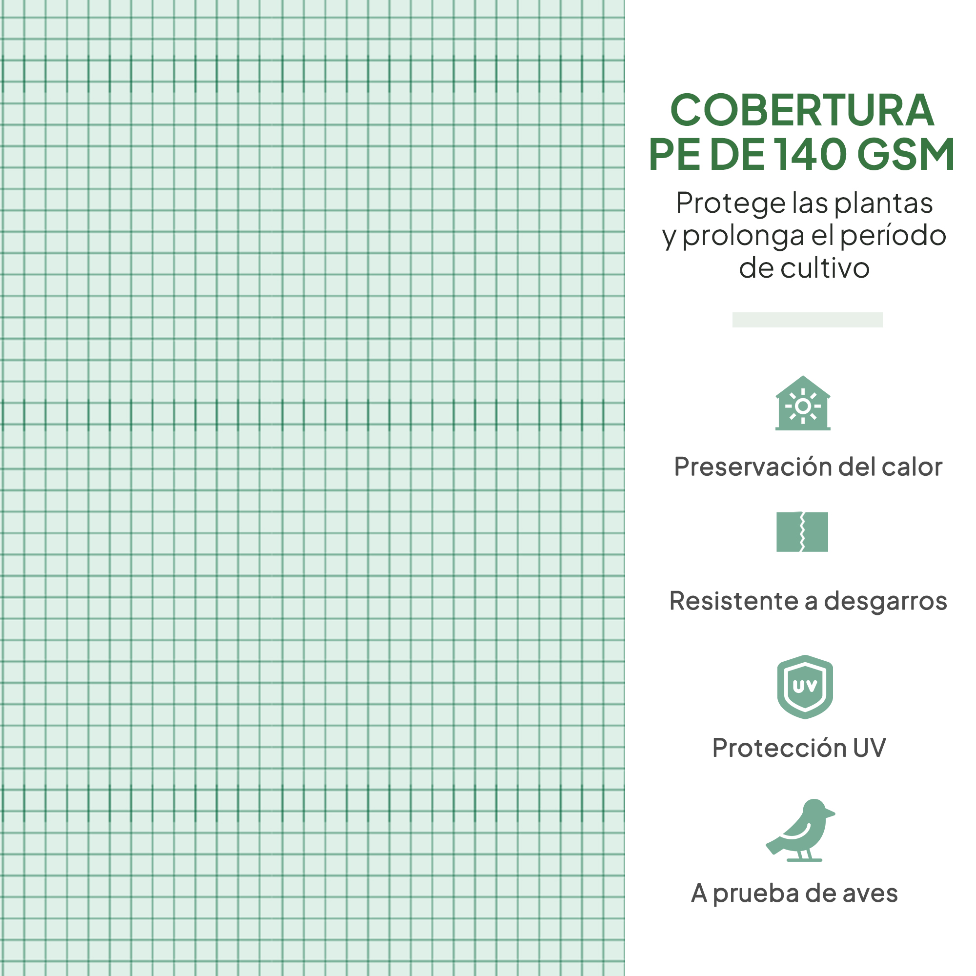 Cubierta de rejilla verde con texto sobre protección de plantas y UV.