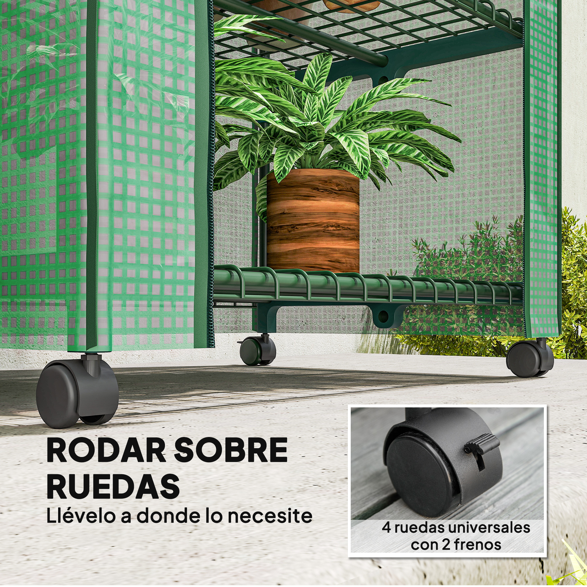 Base de plantas verde con ruedas, planta en maceta y primer plano de una rueda.