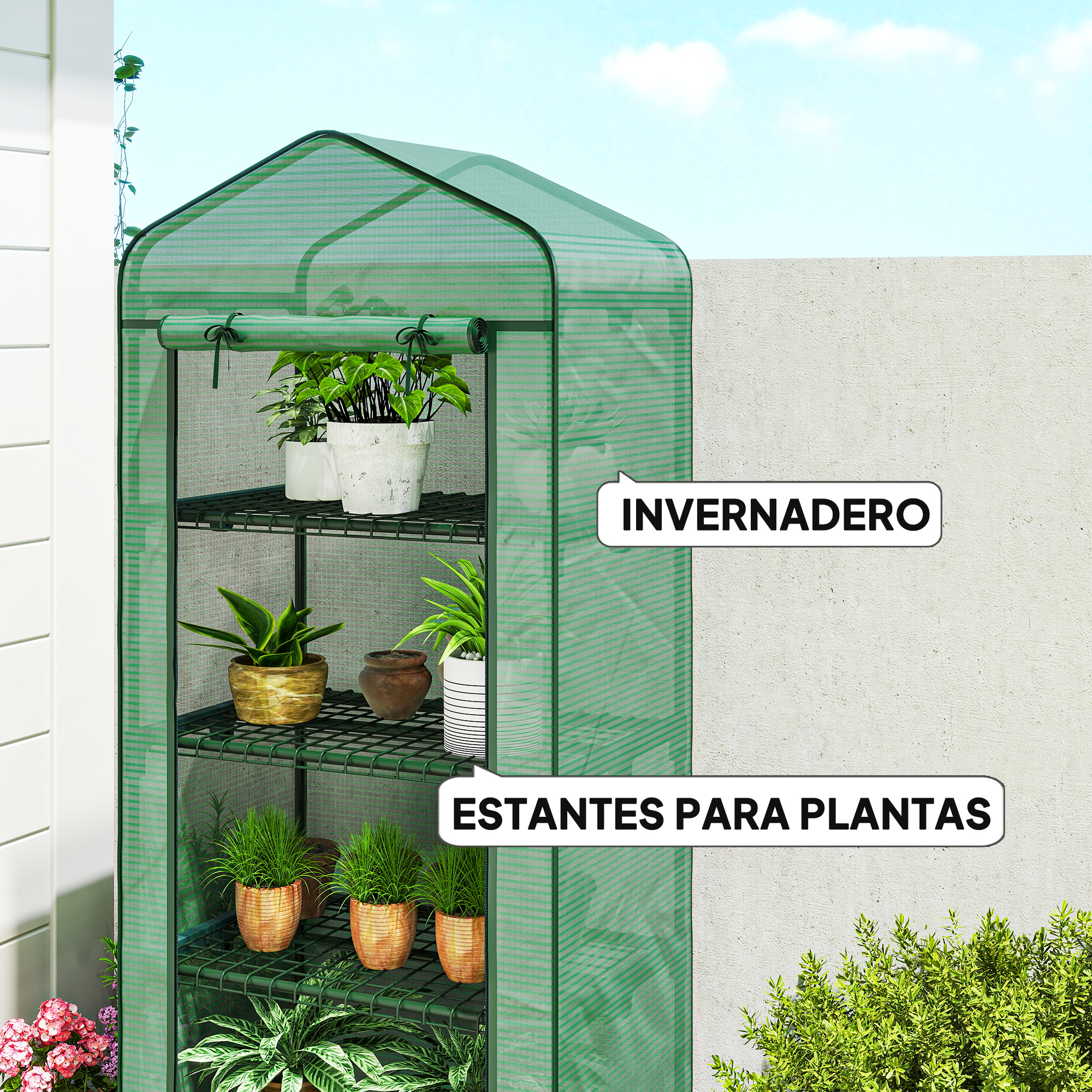 Un invernadero verde con múltiples estantes que contienen varias plantas en macetas.