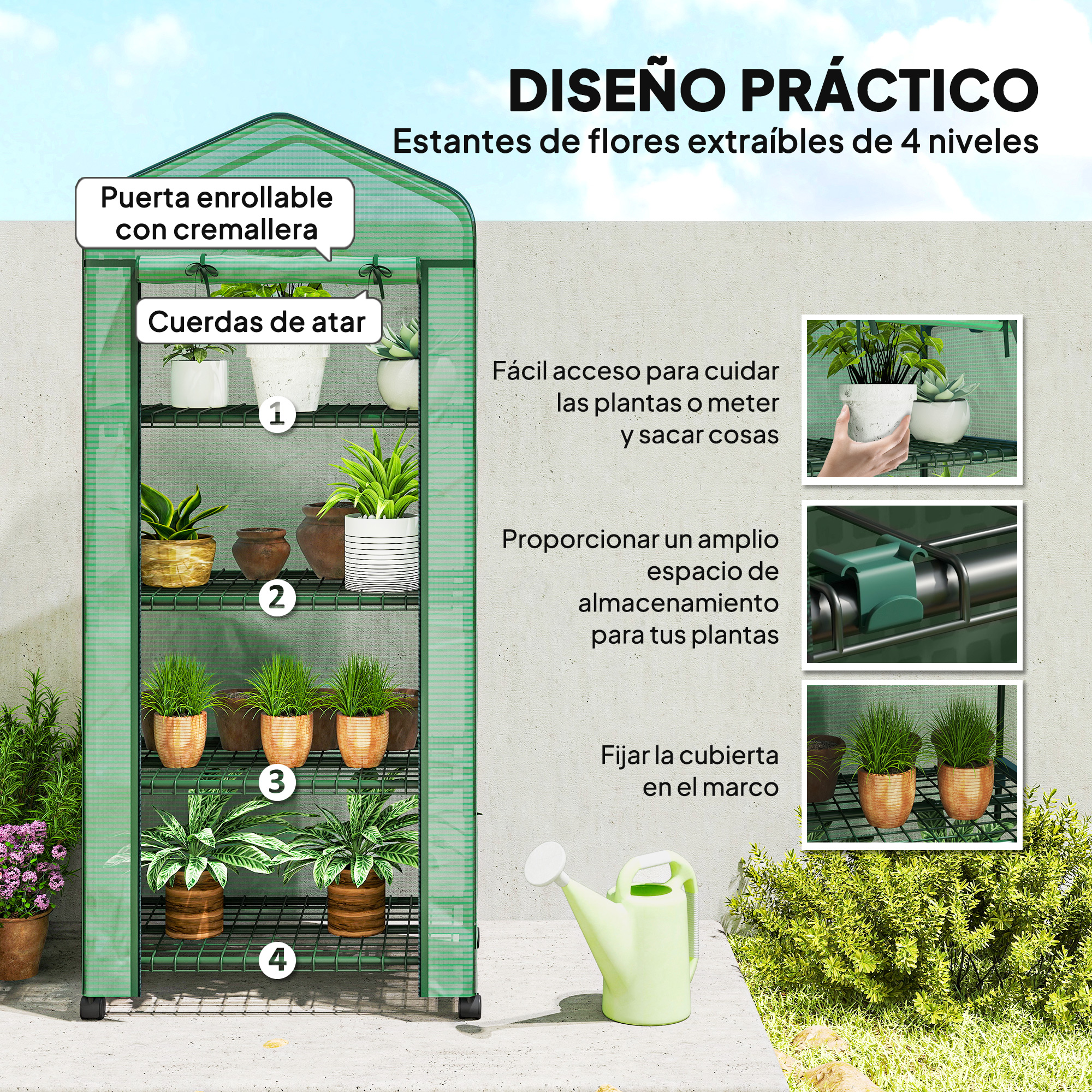 Estante verde para invernadero de 4 niveles con plantas y regadera.