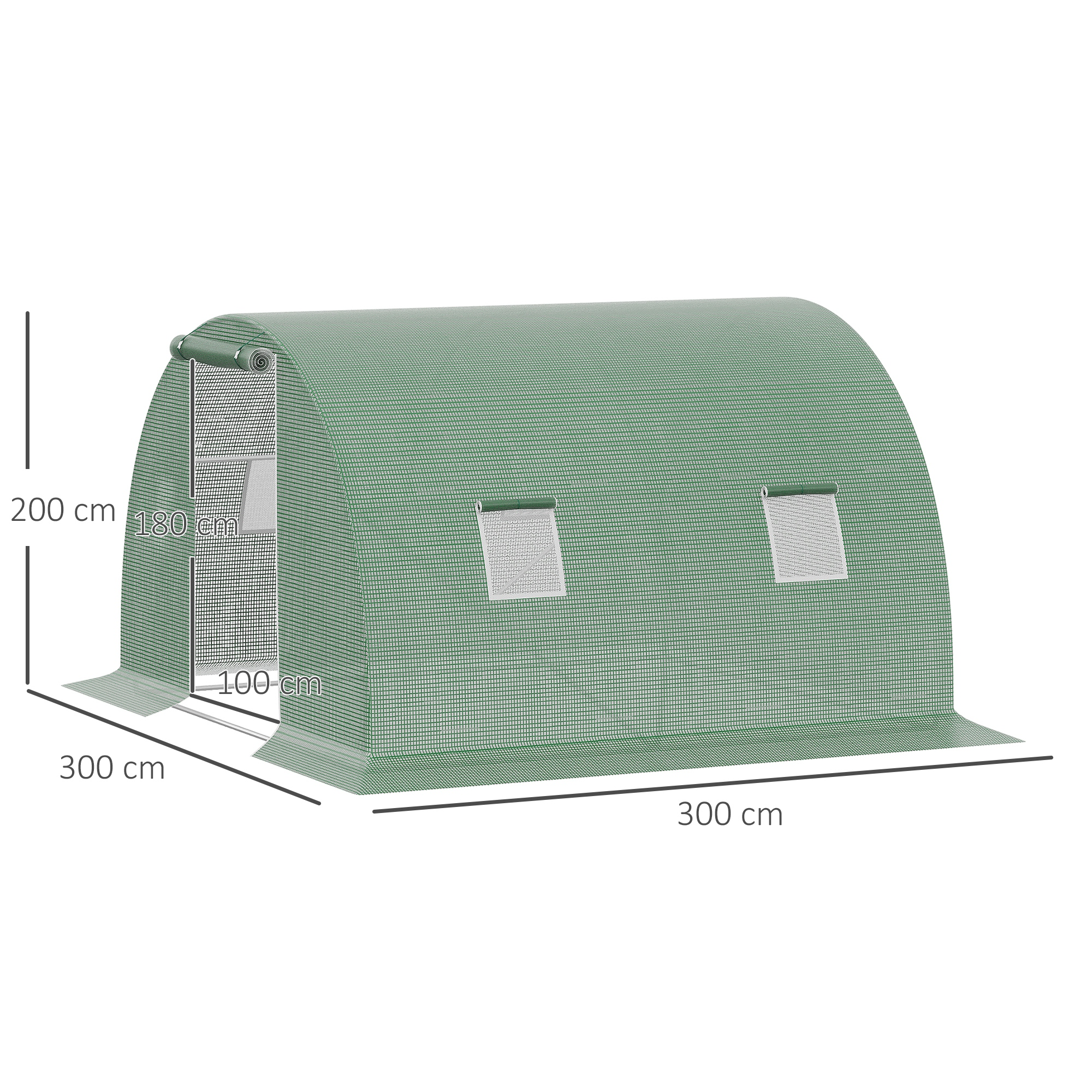 Un invernadero verde con puerta enrollable y ventanas, mide 300x300x200 cm.