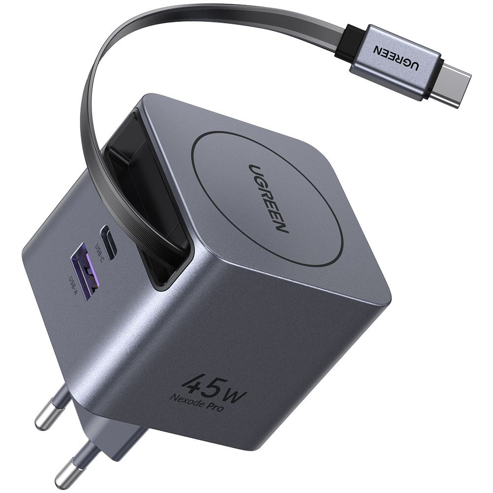 Caricatore UGREEN Nexode Pro grigio da 45W con porte USB-C e USB-A.
