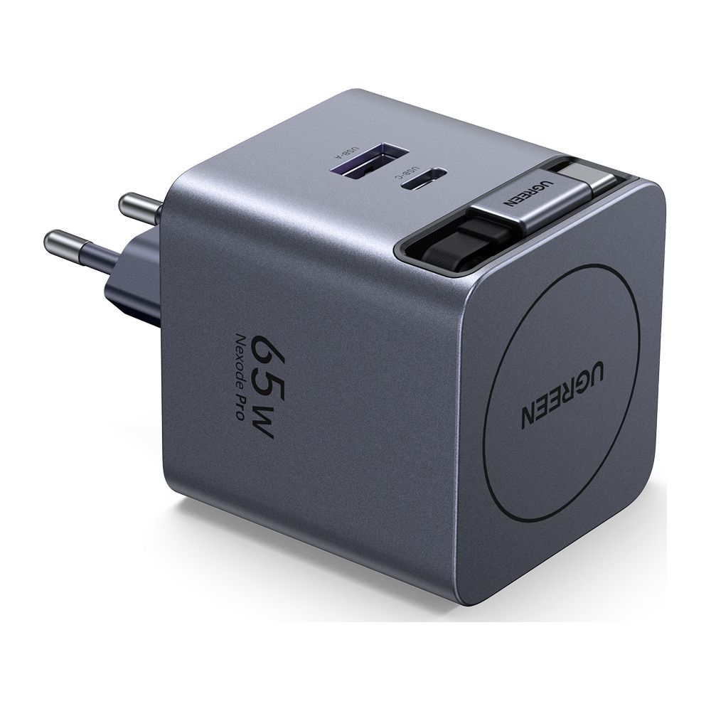 Adattatore di alimentazione USB-C grigio da 65W con spine retrattili e porte.