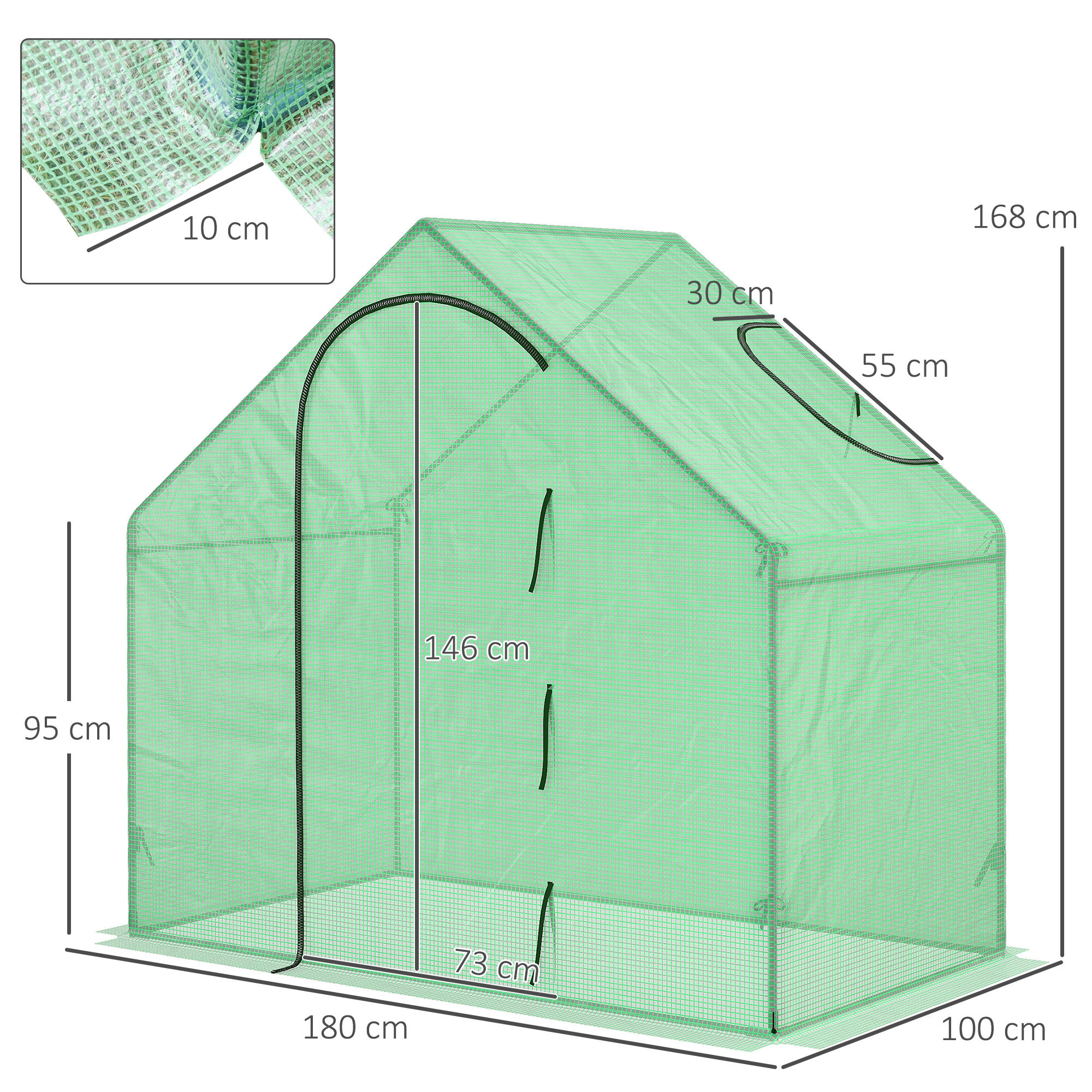 Un invernadero verde claro con puerta con cremallera y dimensiones.