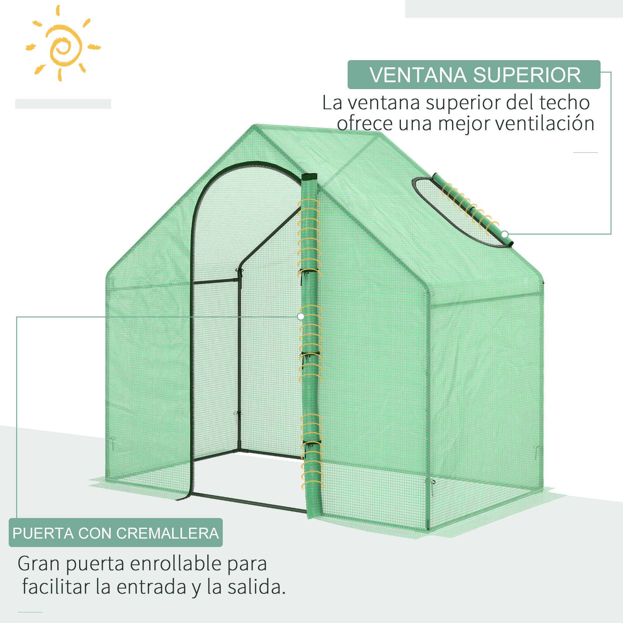 Invernadero verde con puerta enrollable y ventana superior.