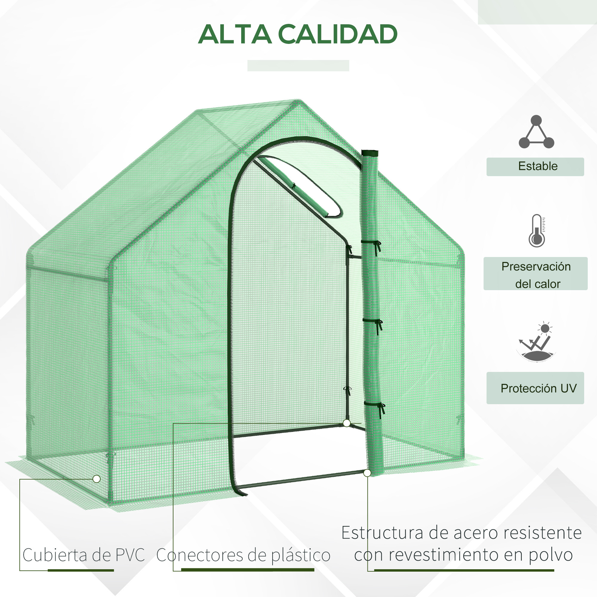 Invernadero verde con estructura de acero, cubierta de PVC y conectores.