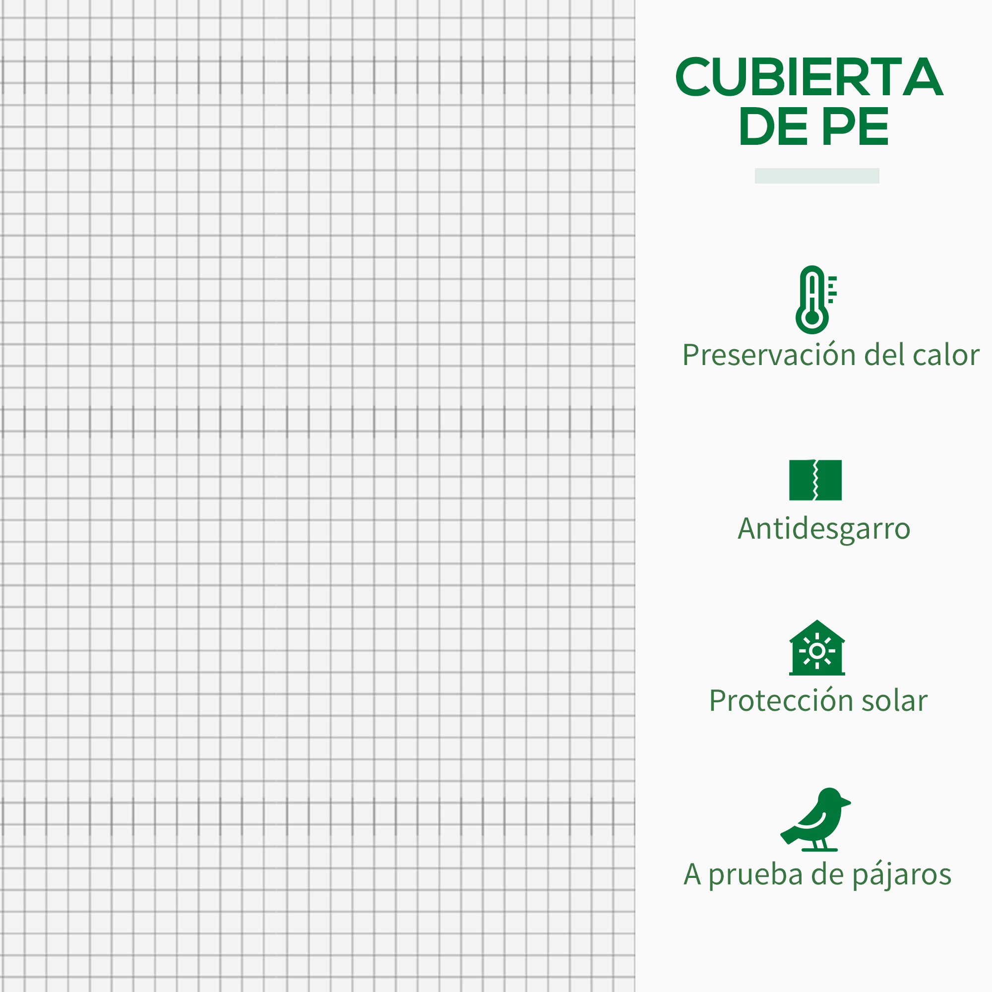 Cubierta de PE: preservación calor, antidesgarro, protección solar, a prueba de pájaros.