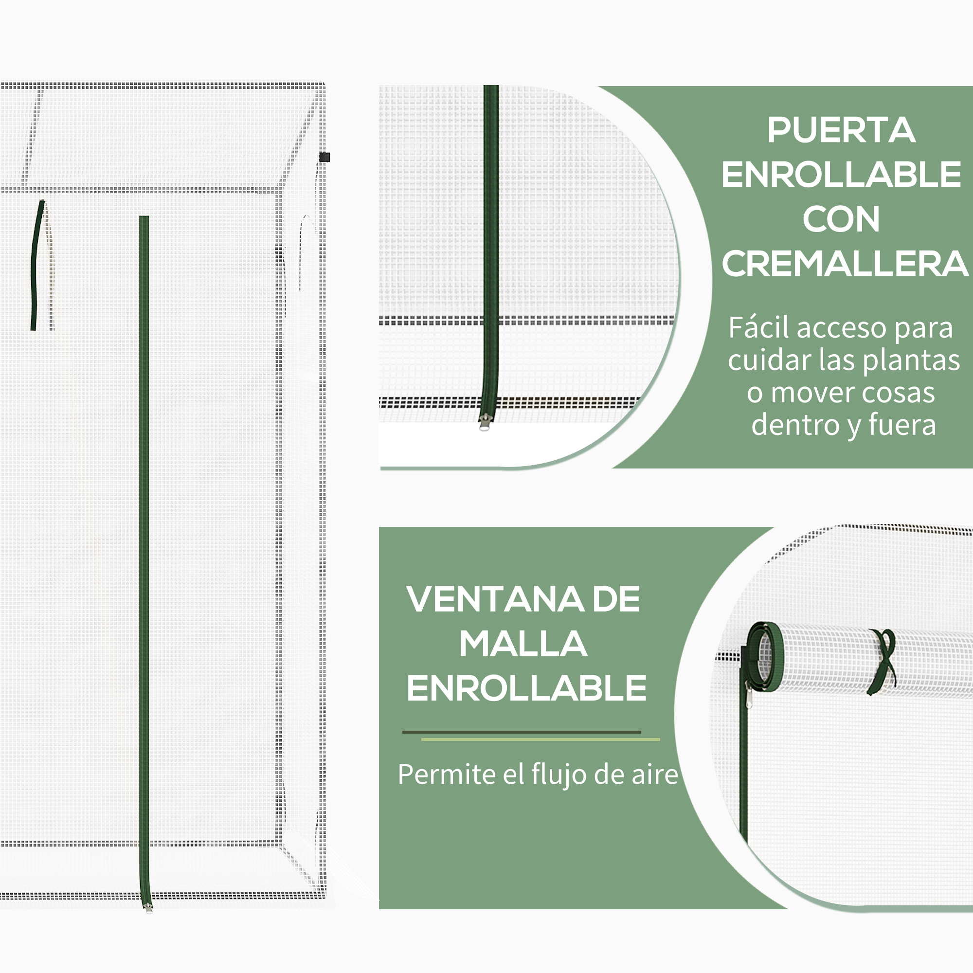 Invernadero con puerta enrollable y ventana de malla. Acceso fácil para cuidado de plantas.