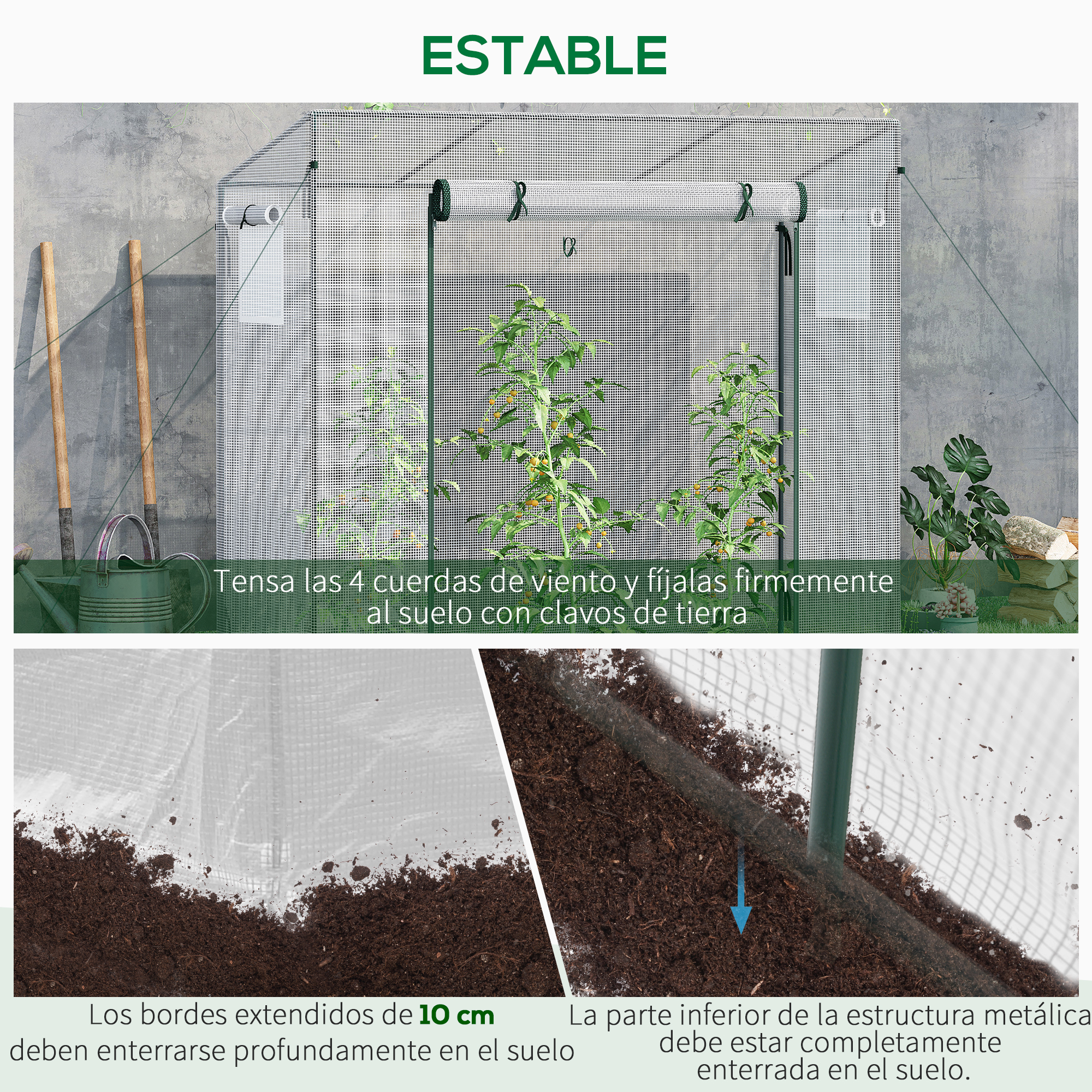Un invernadero con plantas, herramientas y estacas de tierra al aire libre.