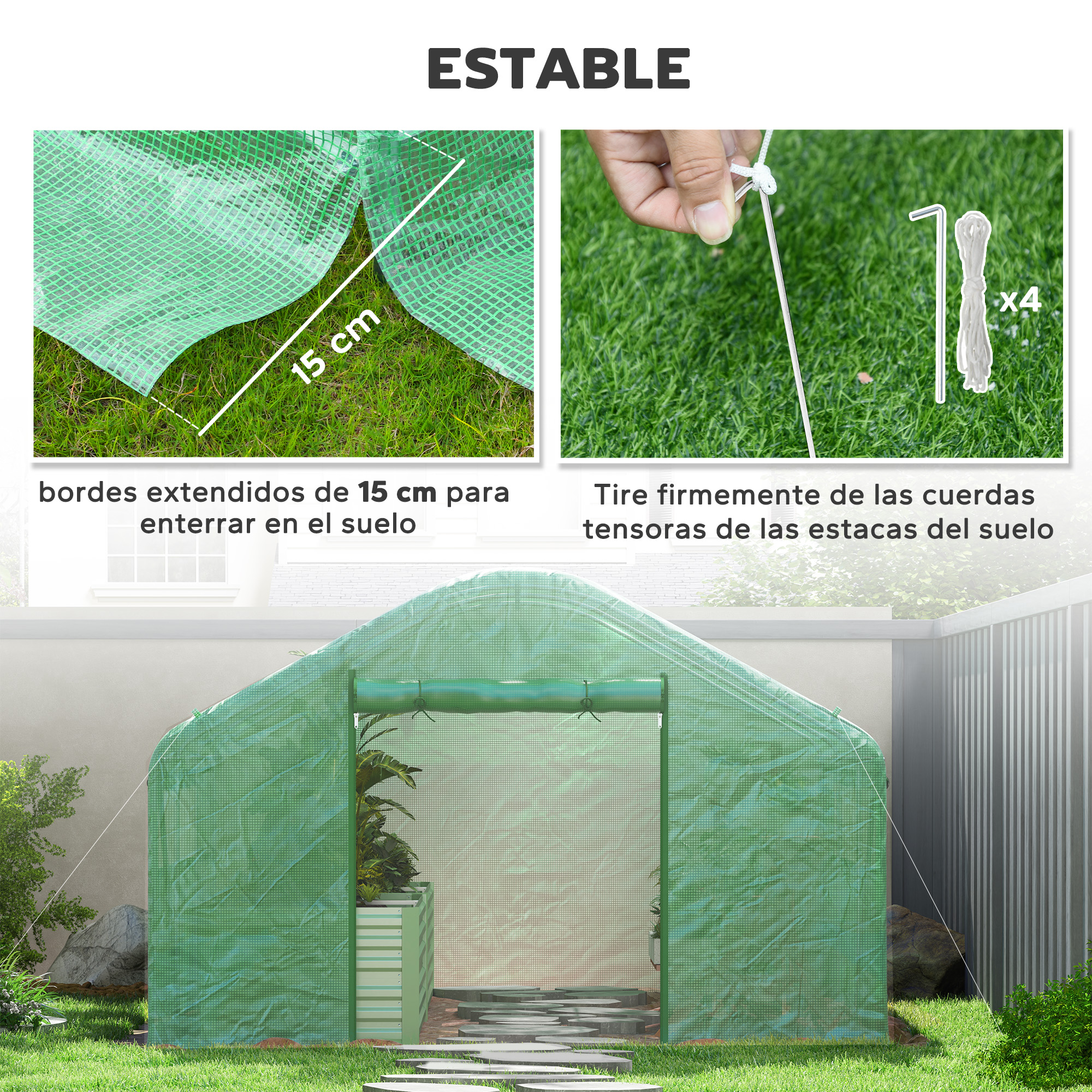 Invernadero verde con bordes extendidos de 15 cm para anclar.