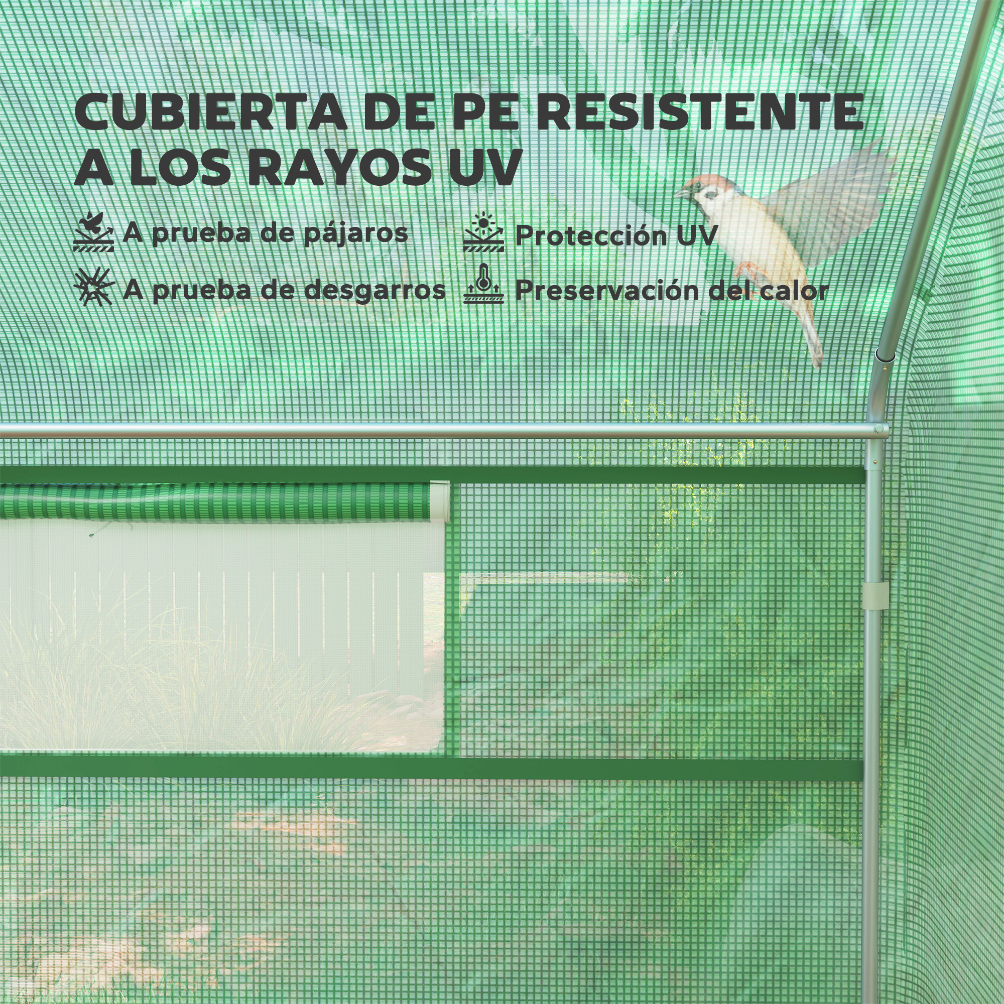 Funda verde para invernadero con texto sobre protección UV y anti-pájaros.