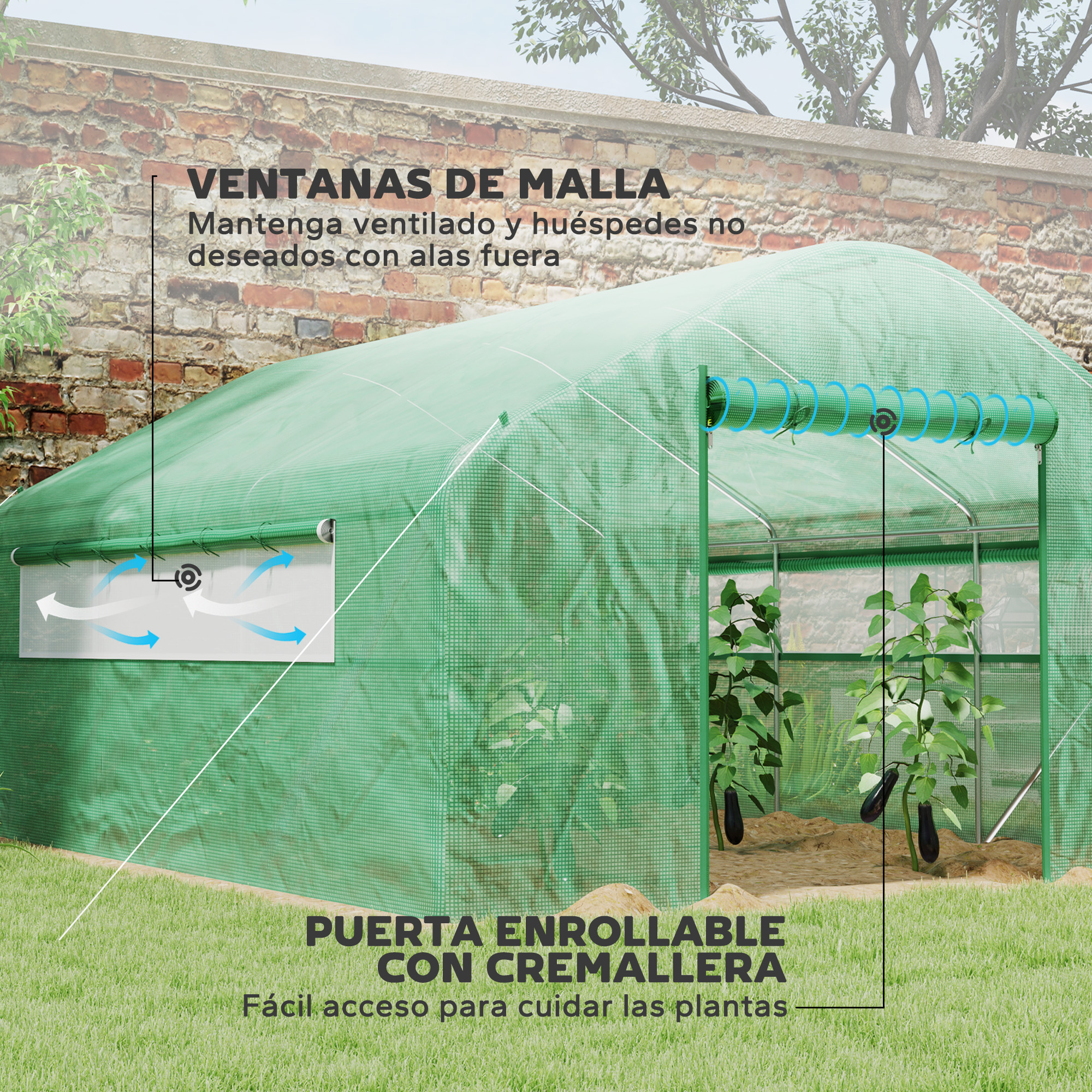 Un invernadero verde con puerta enrollable y ventanas de malla sobre césped.