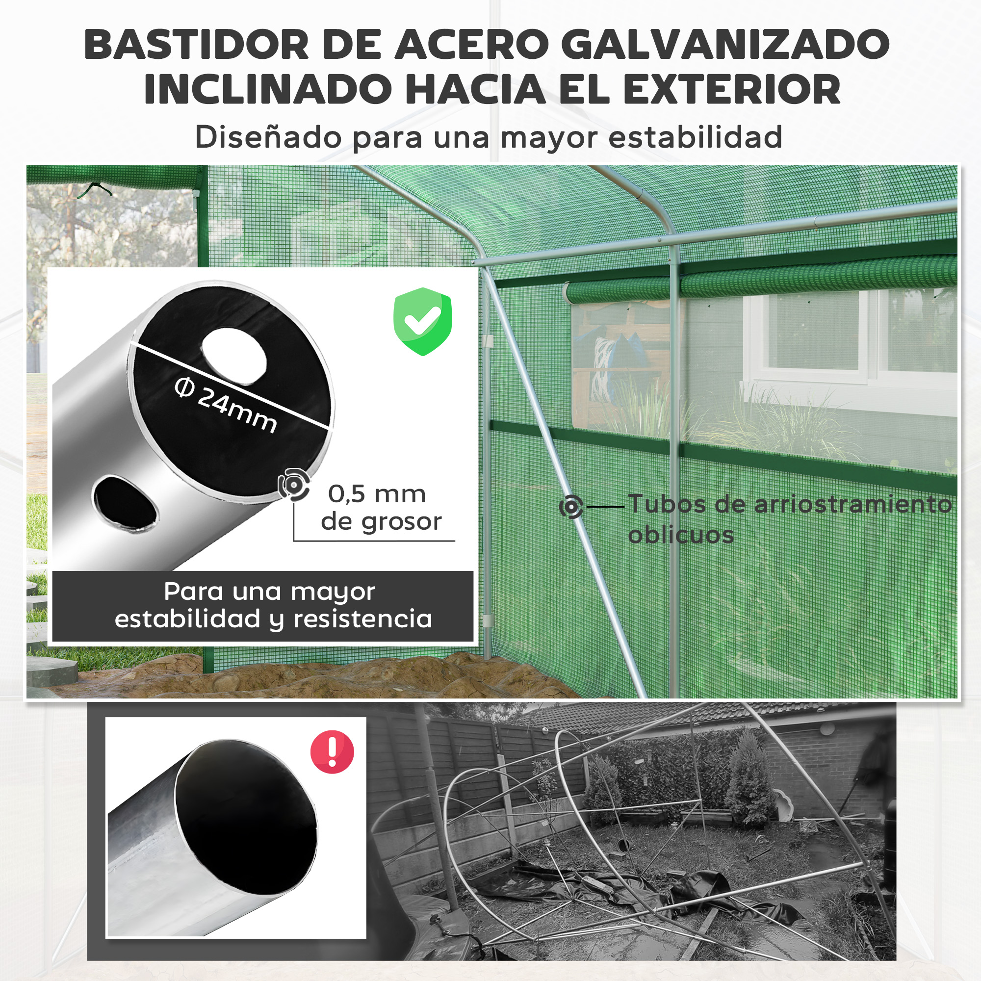 Invernadero verde con marco de acero plateado, primer plano de tubo de 24mm.