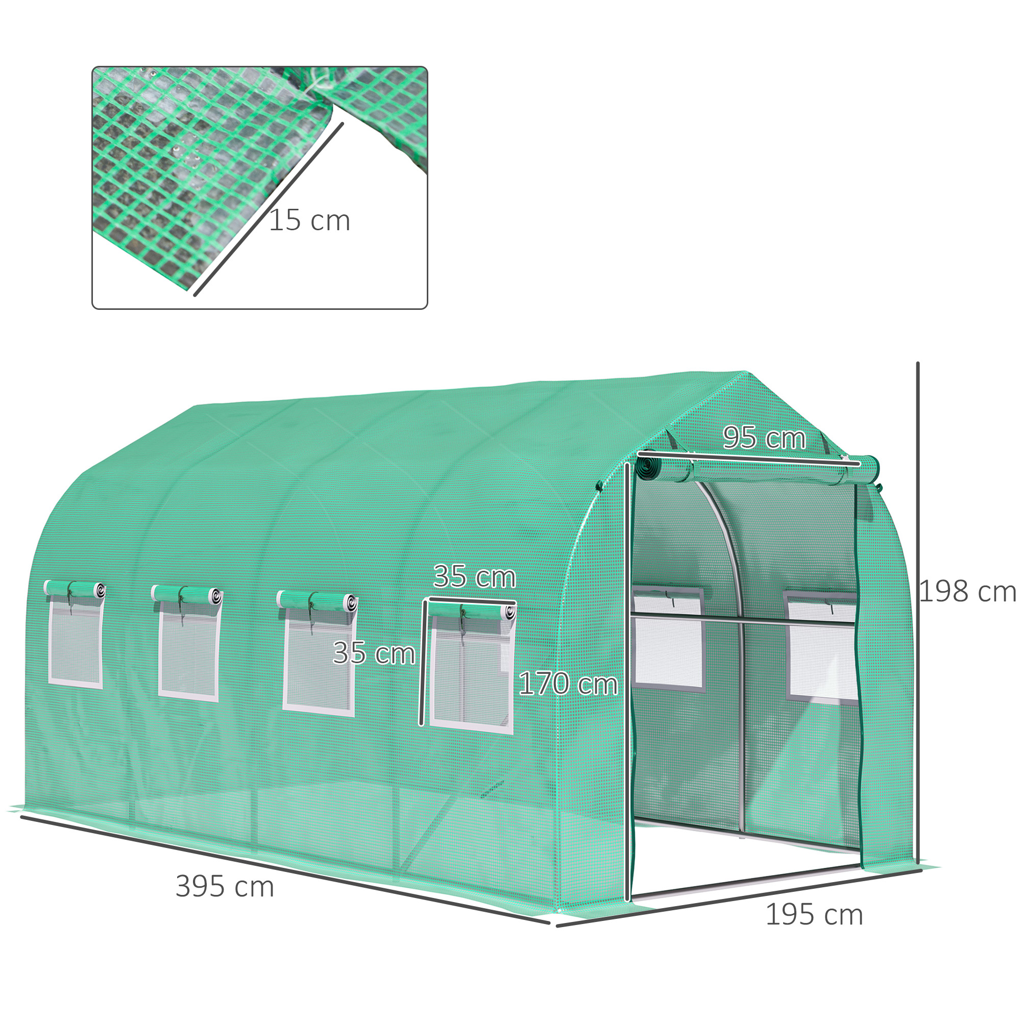 Invernadero verde con marco de metal y ventanas. Se indican dimensiones.