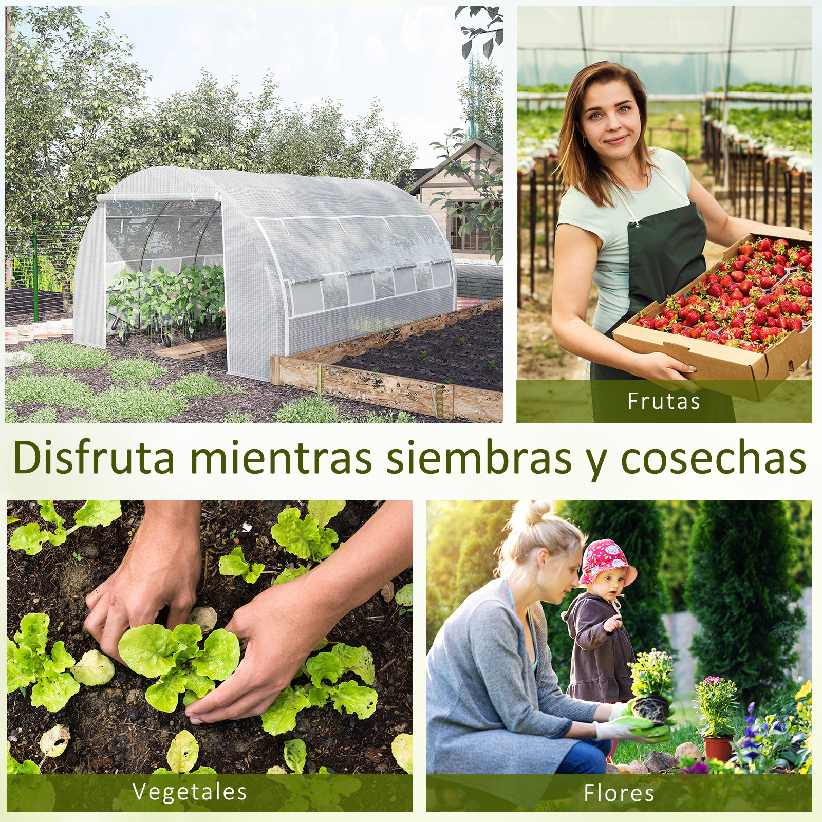 Cuatro escenas de jardín: invernadero, mujer con fresas, manos plantando lechuga, madre e hijo