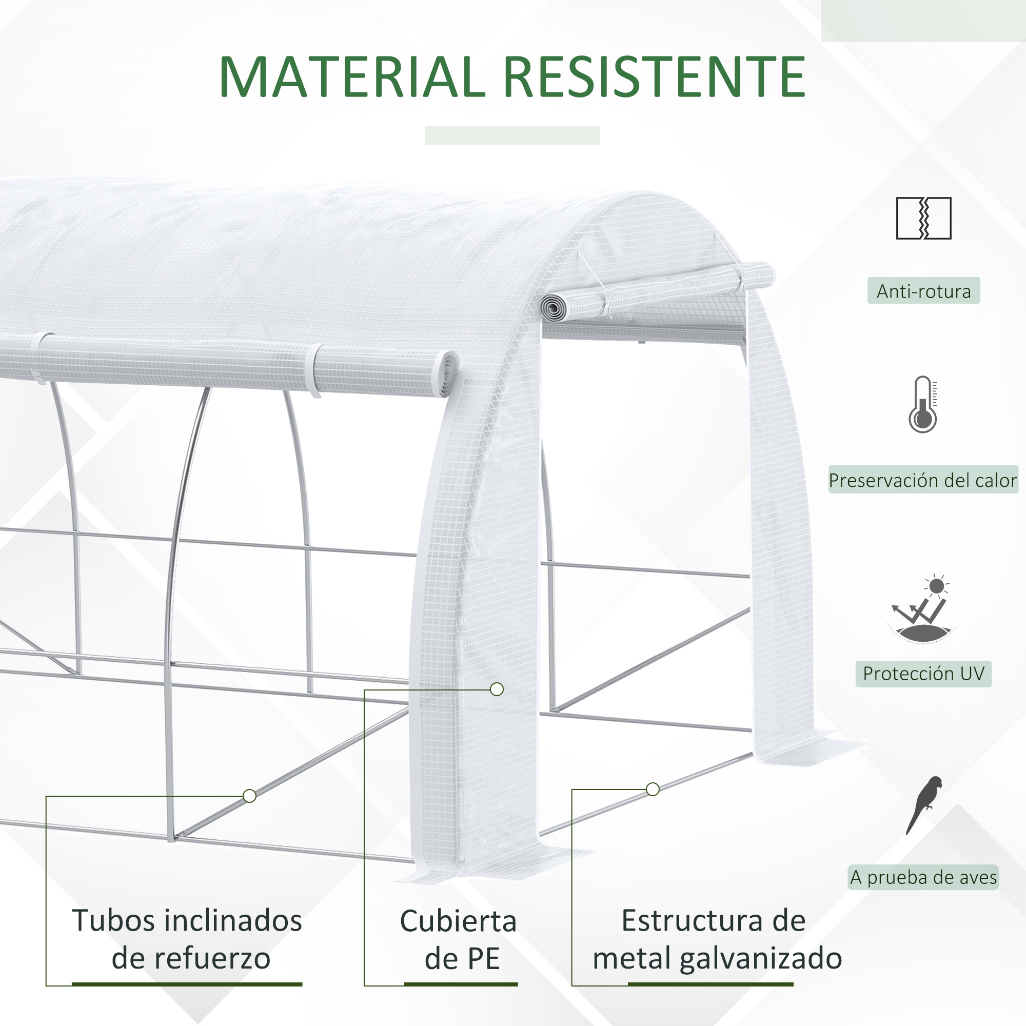 Un invernadero blanco con marco de metal y cubierta de PE, con componentes resaltados.
