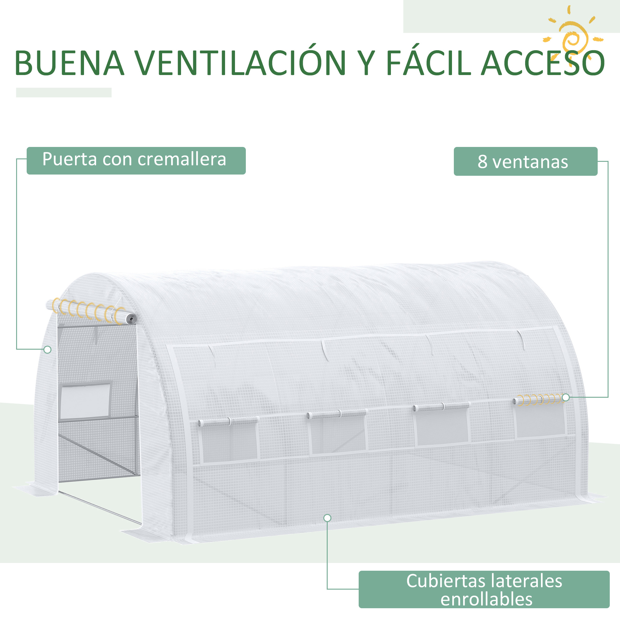 Un invernadero blanco con puerta de cremallera, 8 ventanas y cubiertas laterales enrollables.