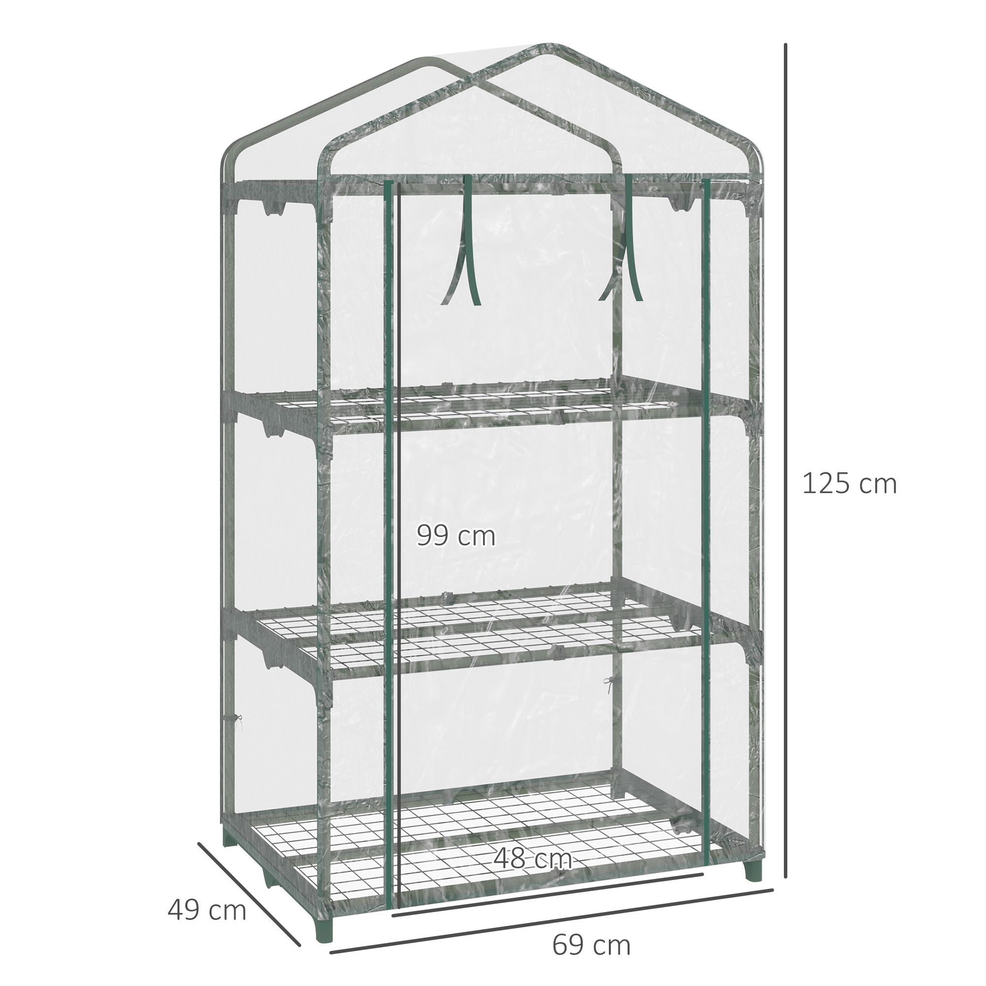 Un mini invernadero de 3 niveles con marco metálico, cubierta transparente y puertas.