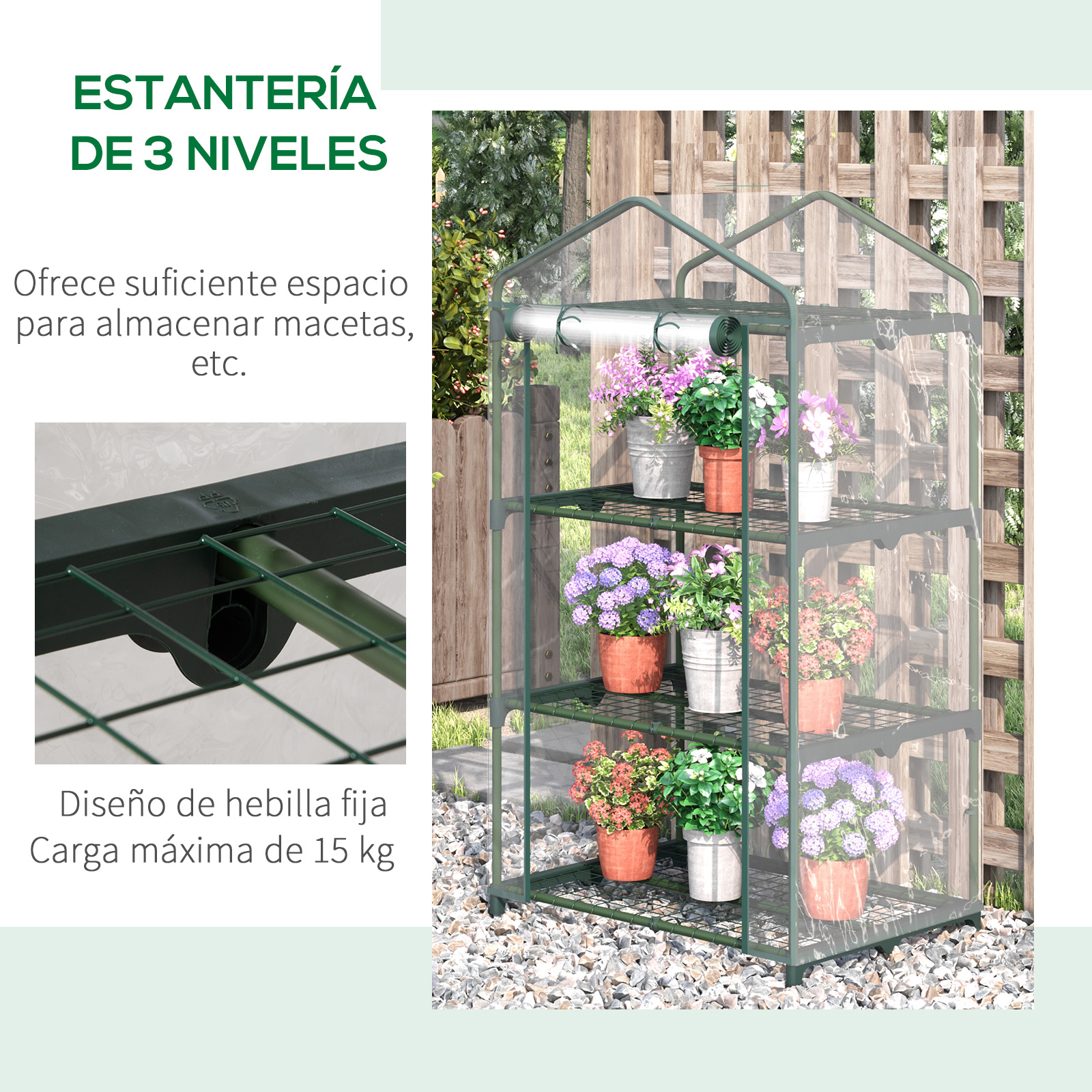 Estantería verde de 3 niveles con macetas de flores en exteriores.