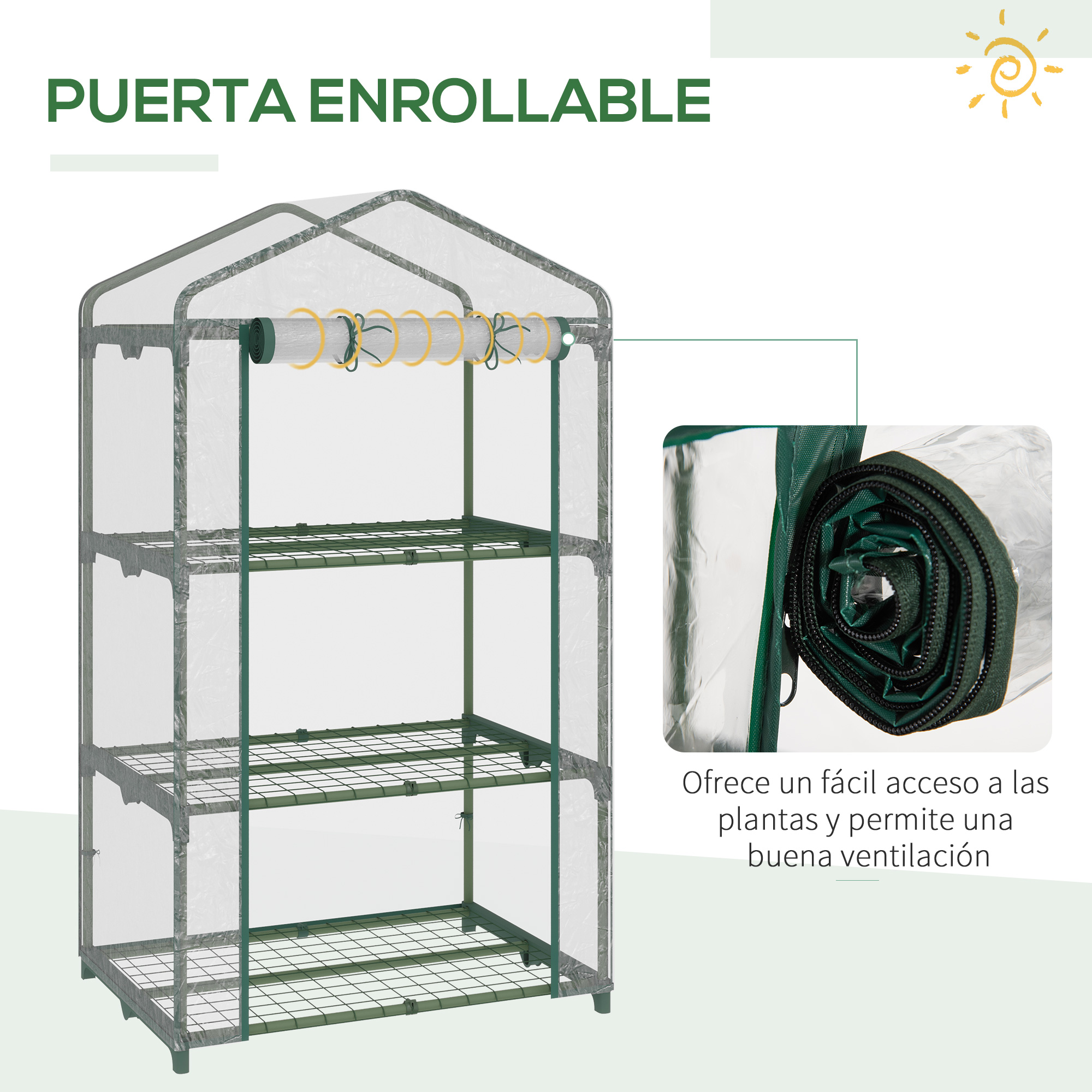 Un invernadero enrollable con tres estantes y cubierta transparente.