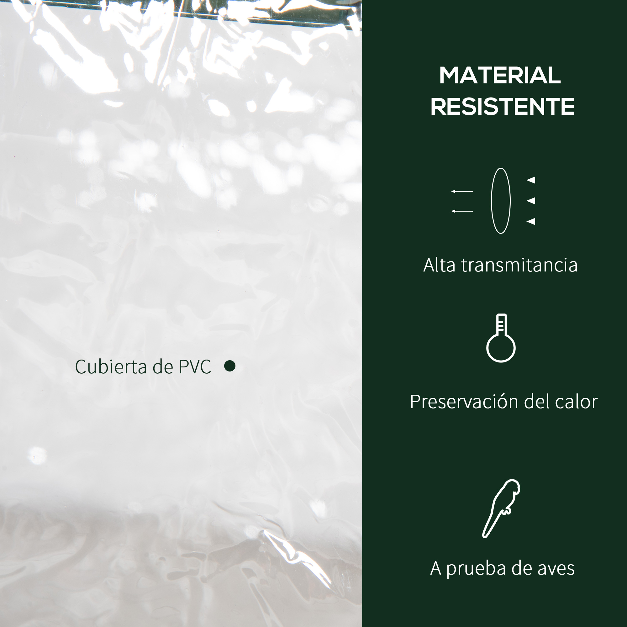 Cubierta de PVC, material resistente, alta transmitancia, preserva calor, a prueba de aves.