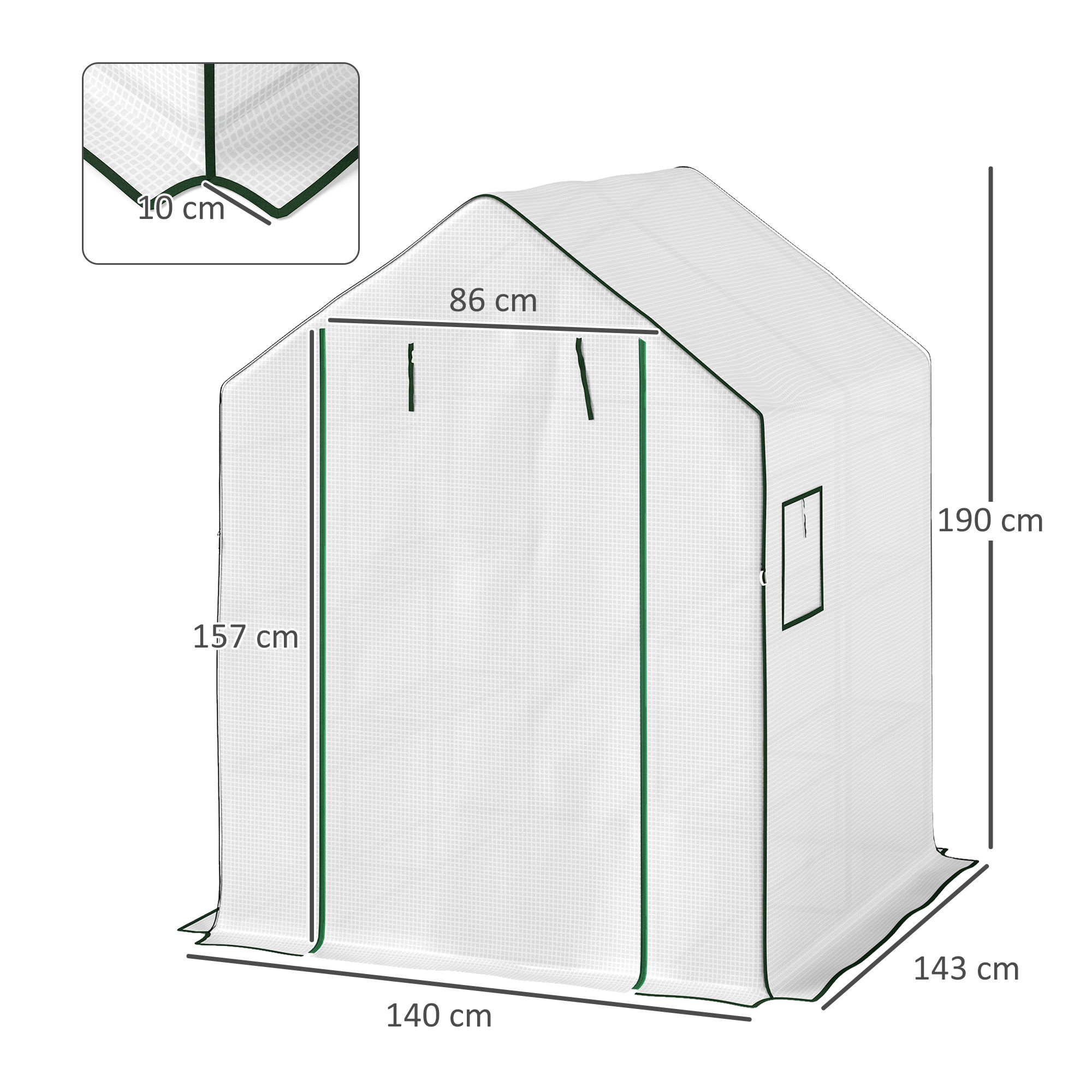 Un invernadero blanco con borde verde y dimensiones.