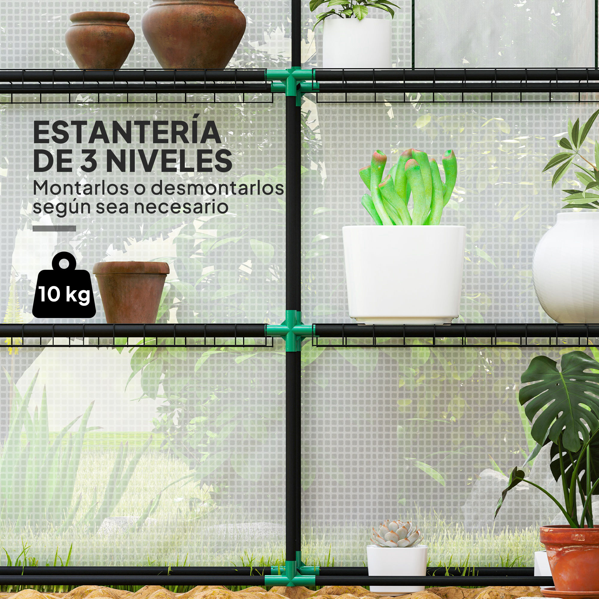 Estantería de 3 niveles con macetas y plantas frente a una ventana.