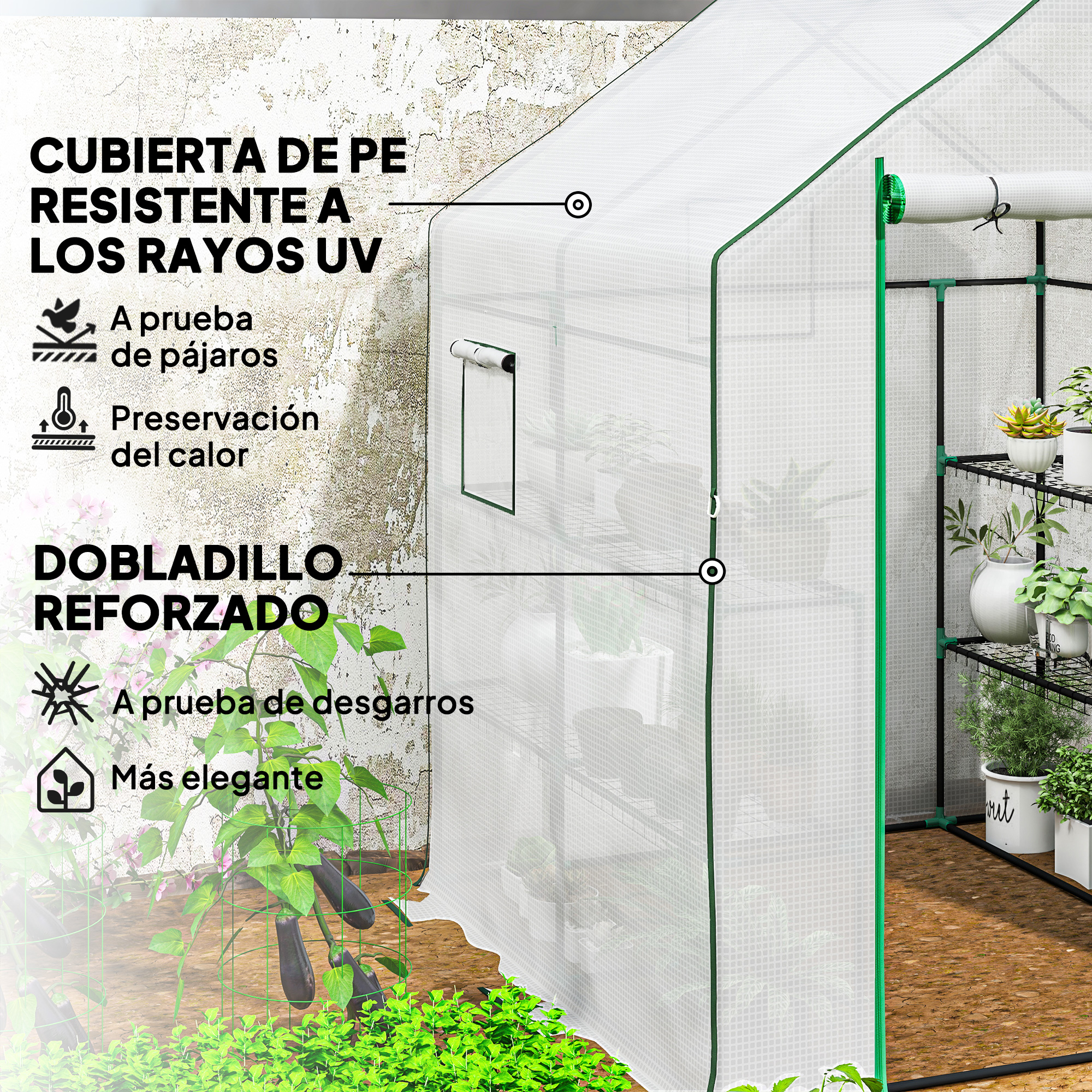 Invernadero con cubierta de PE, resistente a UV, a prueba de pájaros, conserva calor.