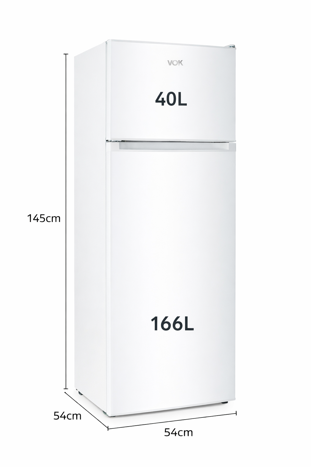 Un refrigerador blanco de dos puertas. Dimensiones: 145cm alto, 54cm ancho, 54cm prof.