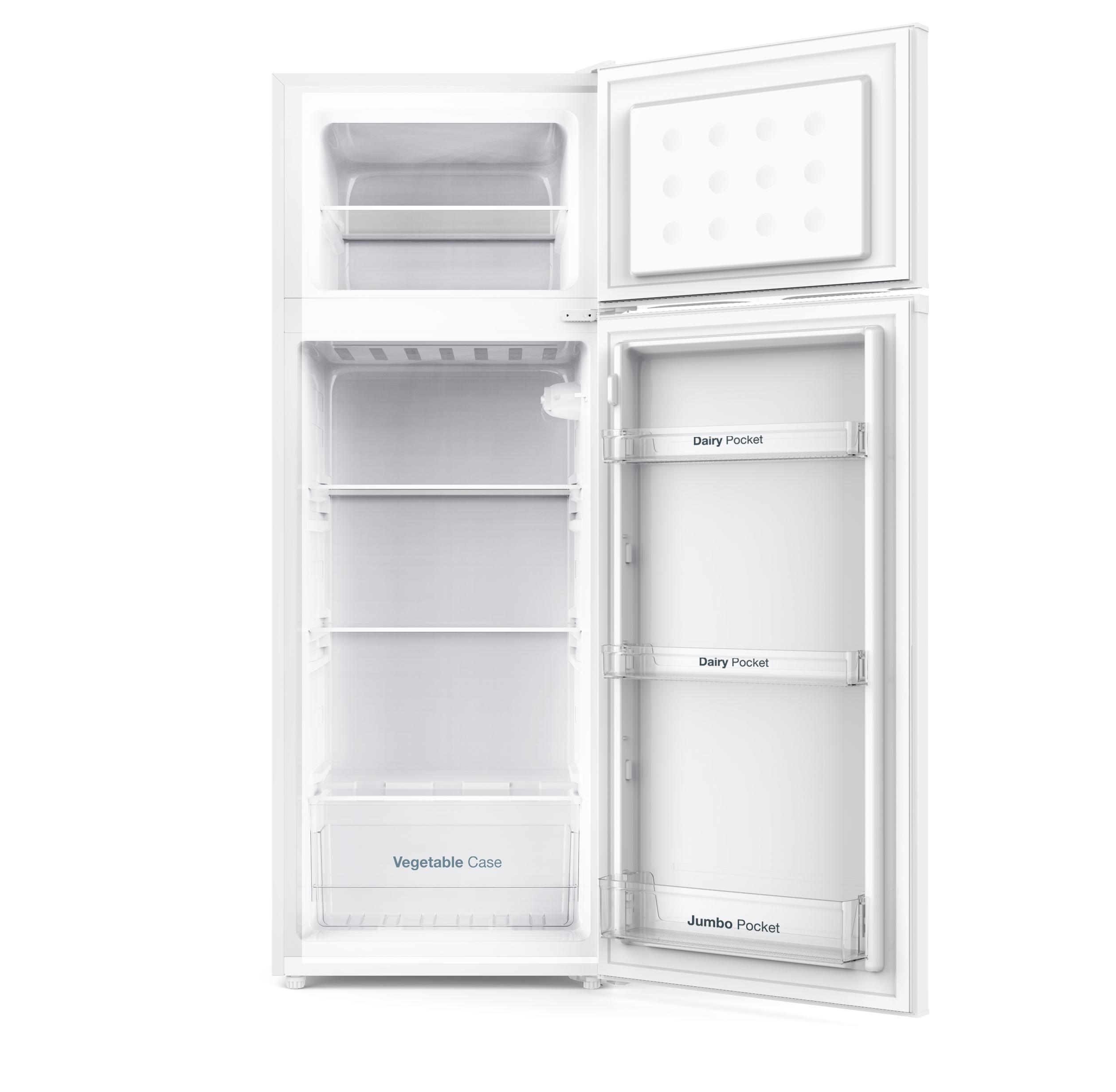 Un refrigerador blanco vacío con la puerta abierta, mostrando estantes y compartimentos.