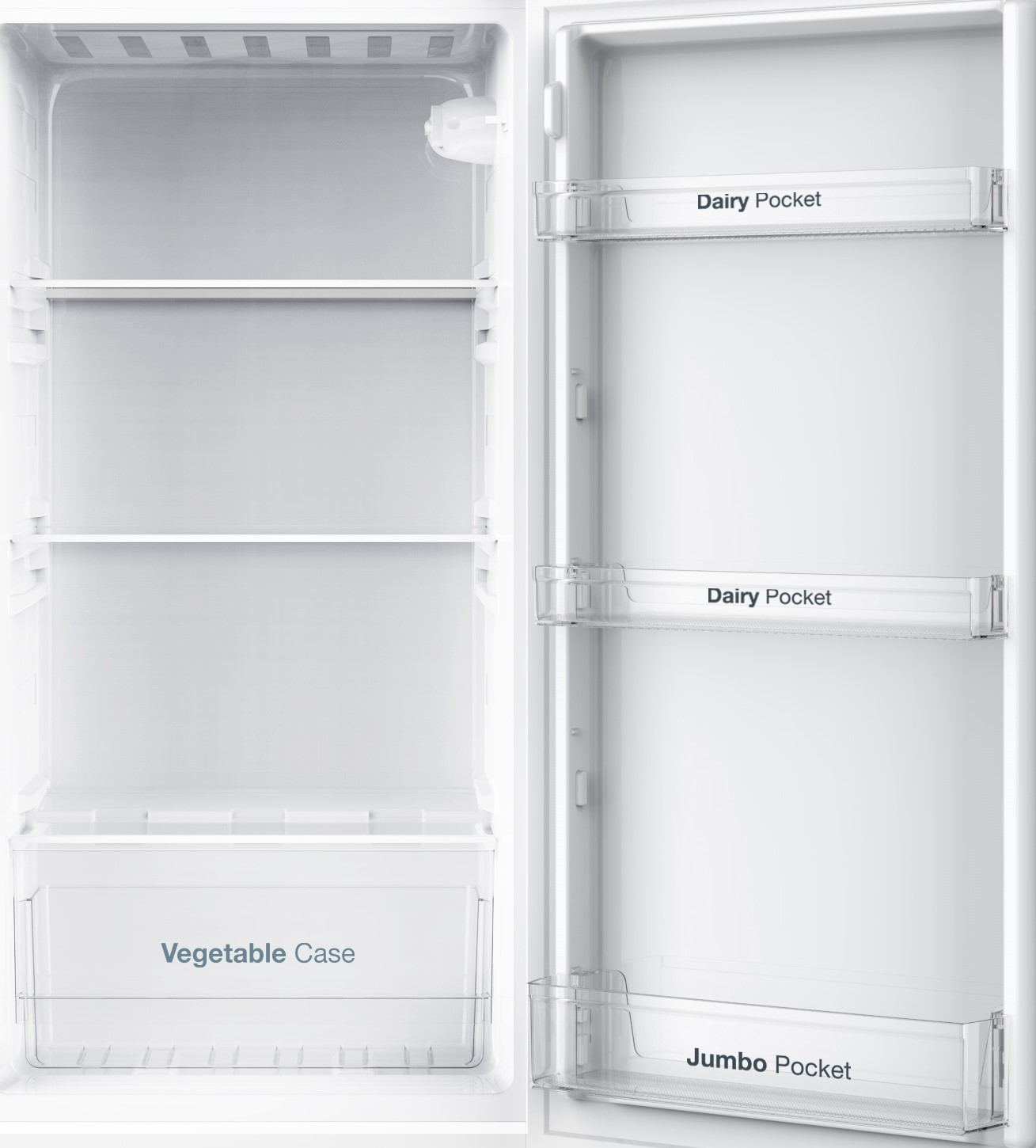 Refrigerador blanco vacío con estantes y compartimentos para verduras y lácteos.
