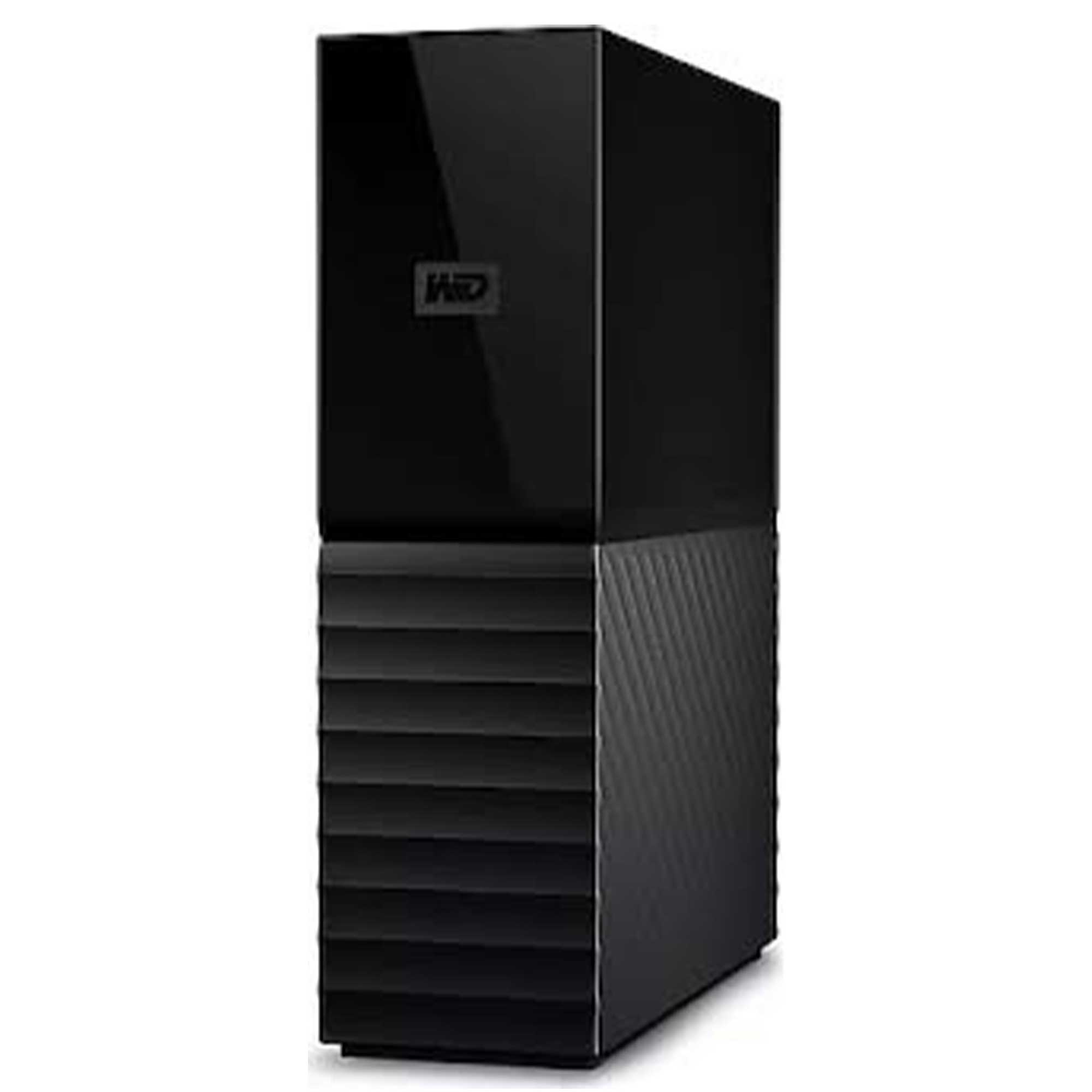 Basamaklı tasarıma ve WD logosuna sahip siyah harici sabit disk.
