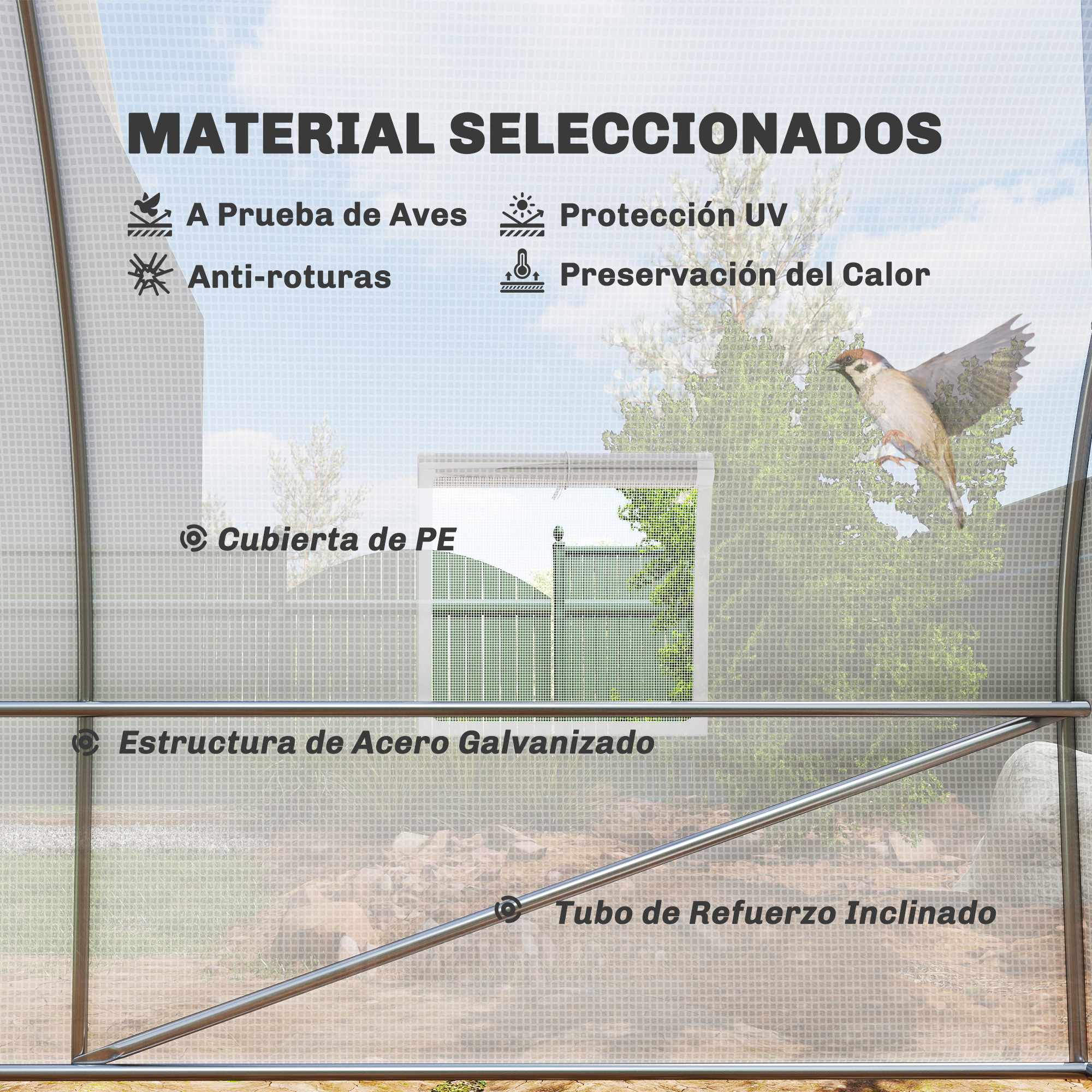 Un gorrión vuela frente a un invernadero con texto 'Materiales Seleccionados'.