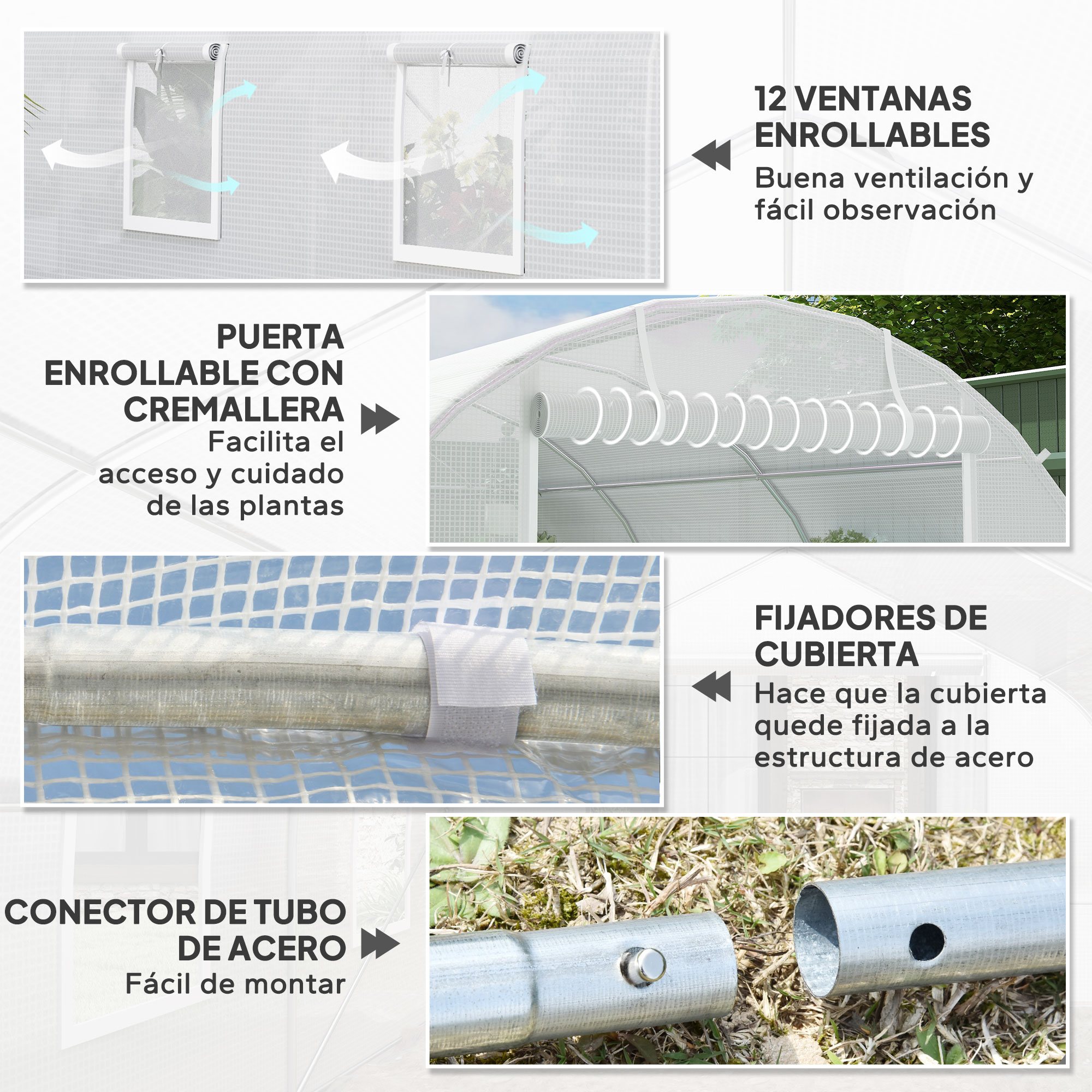 Este gráfico muestra características de un invernadero: ventanas y puerta enrollables.