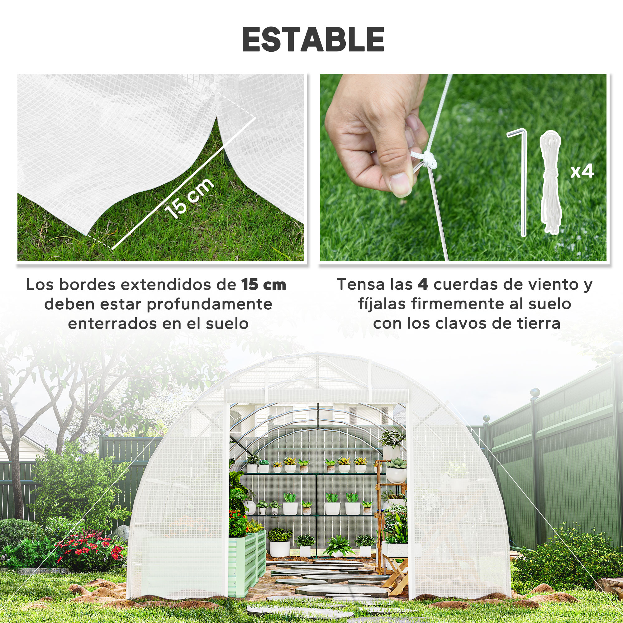 Un invernadero con plantas y material de sujeción sobre césped.
